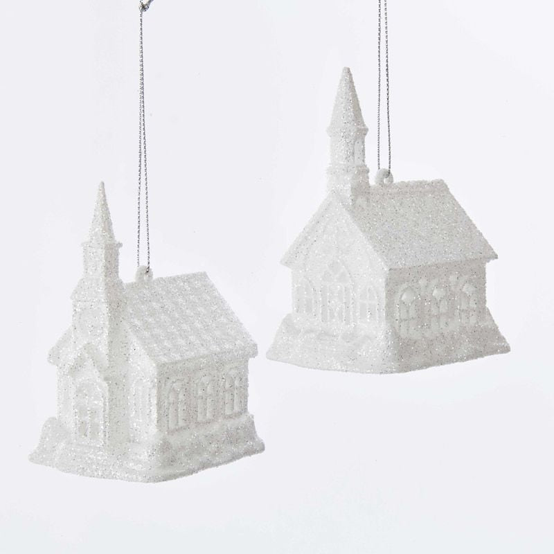 4 Pack Battery Operated White Glitter LED Church Ornaments - Christmas Tree Decorations for Holiday, Wedding & Home Decor