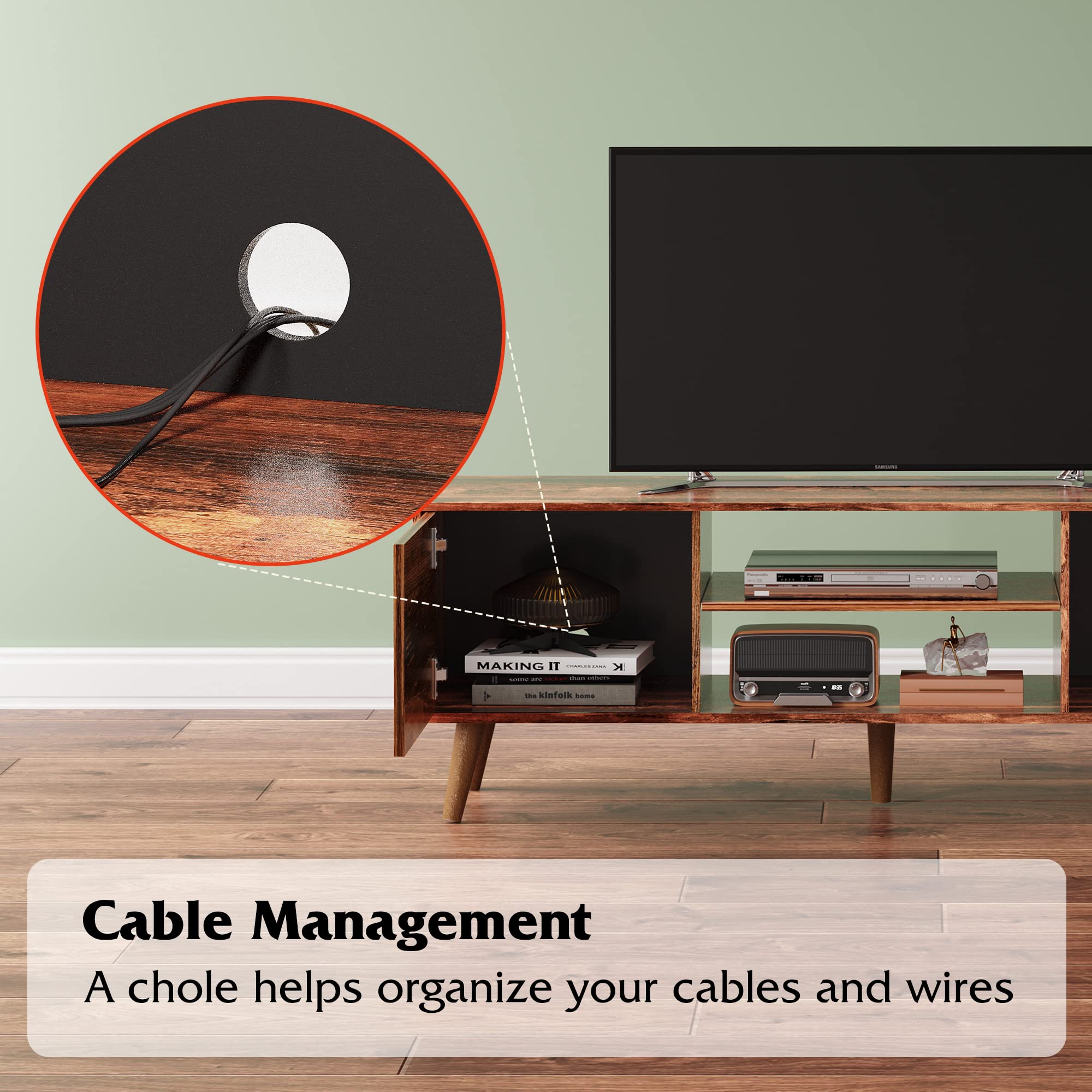 WLIVE Mid Century Modern TV Stand for 55-60 Inch TVs - Retro Brown Entertainment Center with Storage - Perfect for Living Room Home Theater Setup