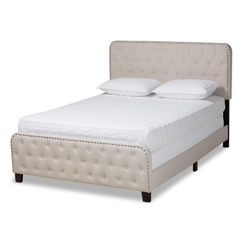 BOWERY HILL Full Size Beige Upholstered Button Tufted Panel Bed Frame - Queen Size Upholstered Platform Bed with Tufted Headboard for Modern Bedroom Decor