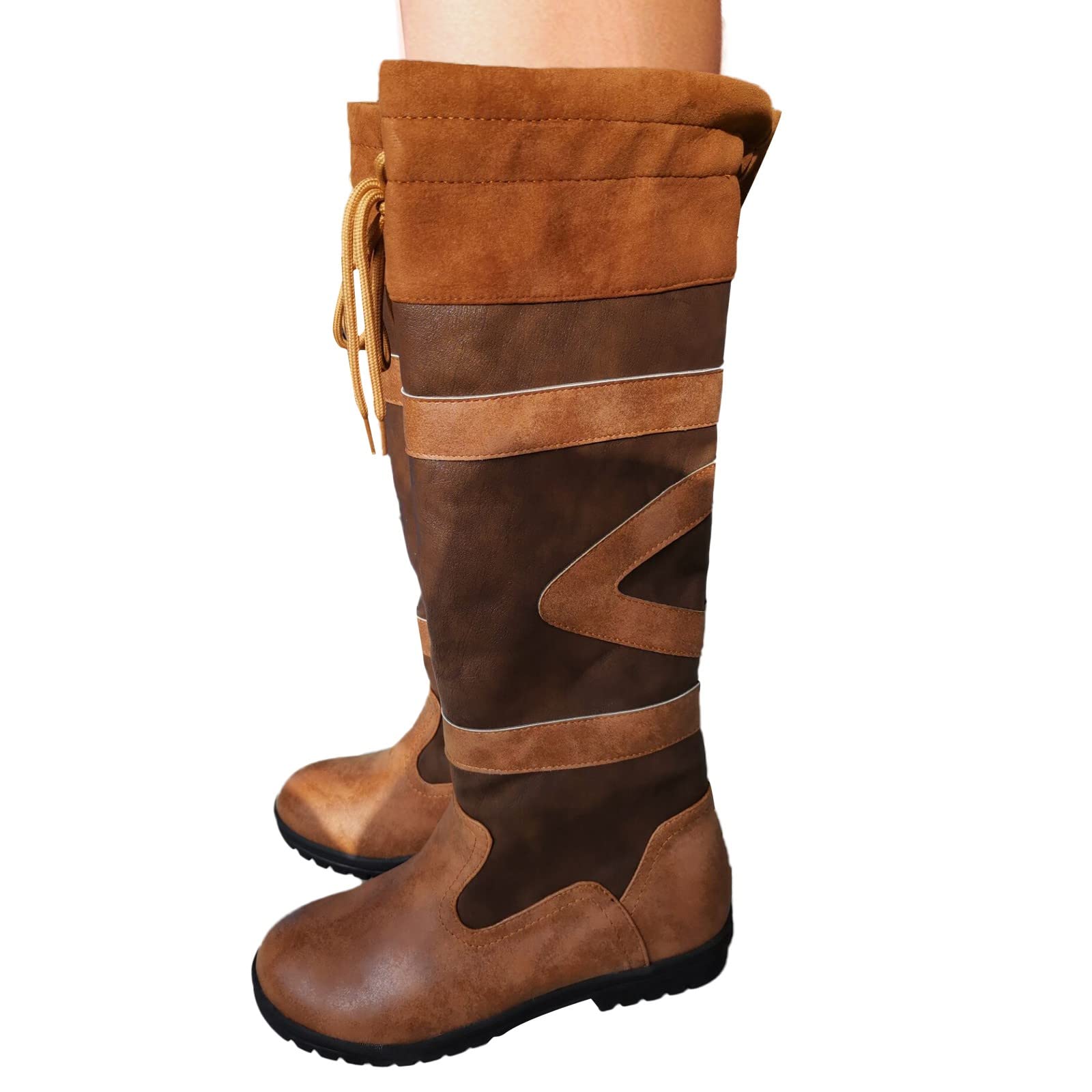 **Women's Waterproof Insulated Snow Boots - Non-Slip, Fur Lined, Warm Winter Boots with Lace-Up Design - Retro Color Block Knee High Boots for Hiking, Rain & Outdoor Activities (Brown)**    *(Perfect for Snowy Days, Winter Hiking, Rainy Weather & Casual Winter Fashion)*