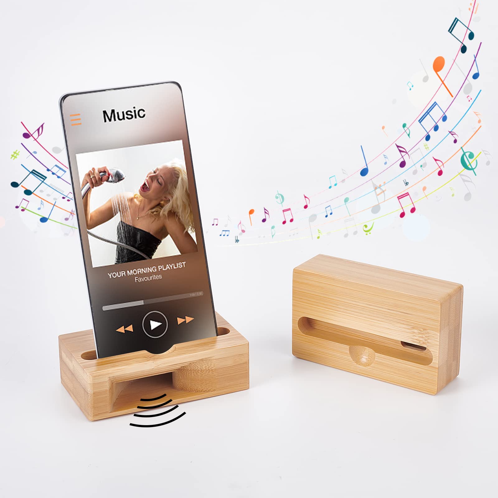 WEBEEDY 2-Pack Bamboo Phone Stand Amplifier - Portable Desktop Cell Phone Holder for iPhone & Android - Perfect for Office, Home, Watching Videos & Video Calls