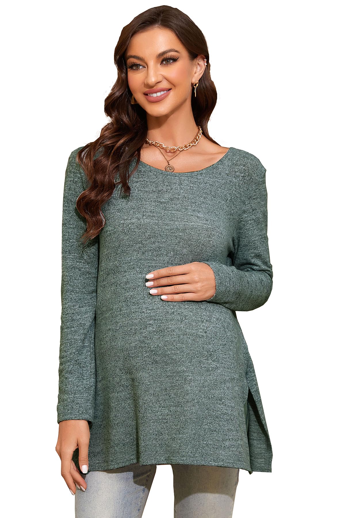 Smallshow Women's Maternity Shirts - Side Split Long Sleeve Pregnancy Tops for Comfort & Style | Perfect for Work, Casual Wear & Nursing | Soft Stretchy Fabric for Expecting Moms