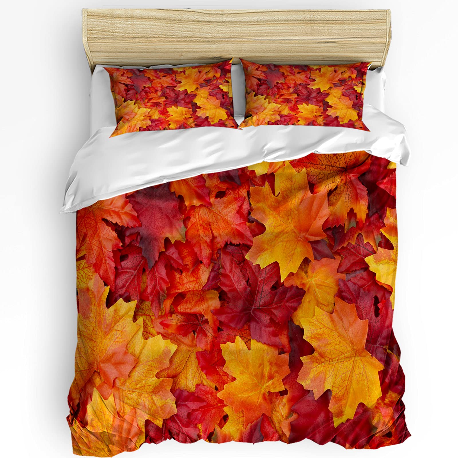 HELLOWINK 3-Piece Queen Size Duvet Cover Set - Thanksgiving Fall Maple Leaves Design with 2 Pillow Shams | Lightweight Soft Comforter Cover for Autumn Harvest Season | Perfect for Cozy Bedroom Decor & Seasonal Home Styling