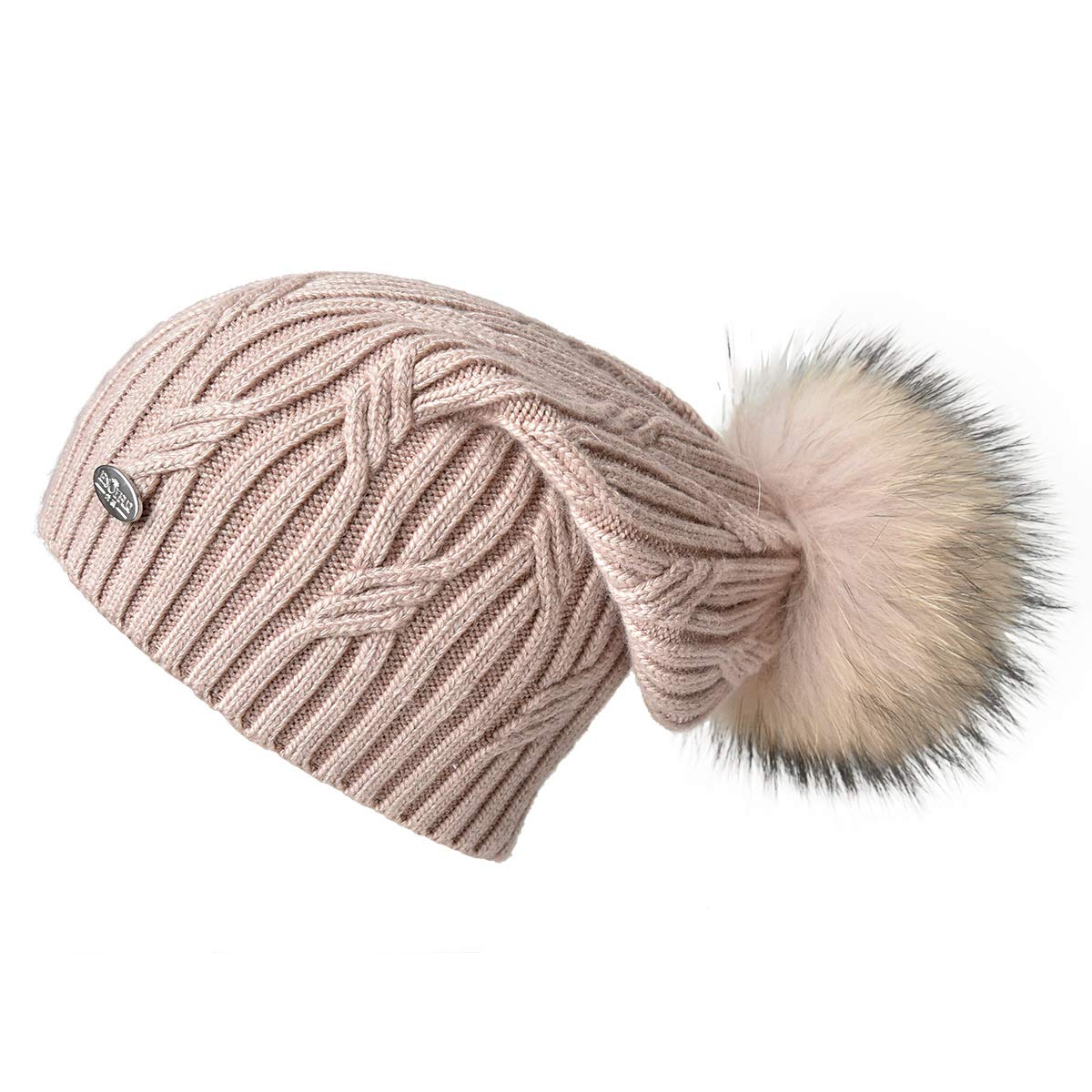 Women's Winter Fur Pom Pom Beanie Hat - Warm Knitted Wool Ski Cap with Cuff for Cold Weather - Perfect for Skiing, Snowboarding & Outdoor Activities