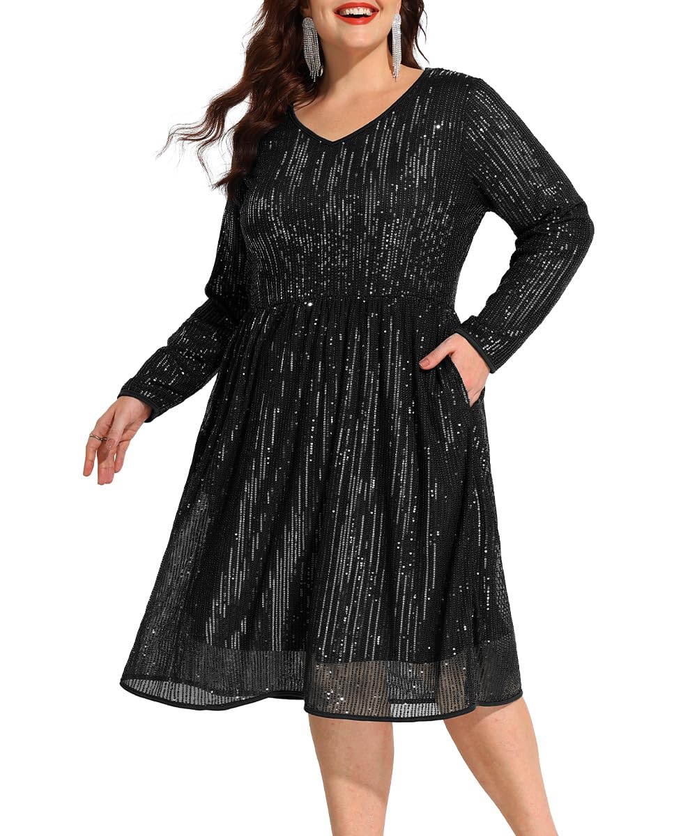 Sparkly Plus Size Sequin Party Dress for Women - V Neck Long Sleeve Club & Evening Gown in XL-5XL | Perfect for Weddings, Prom, Cocktail Parties & Special Occasions