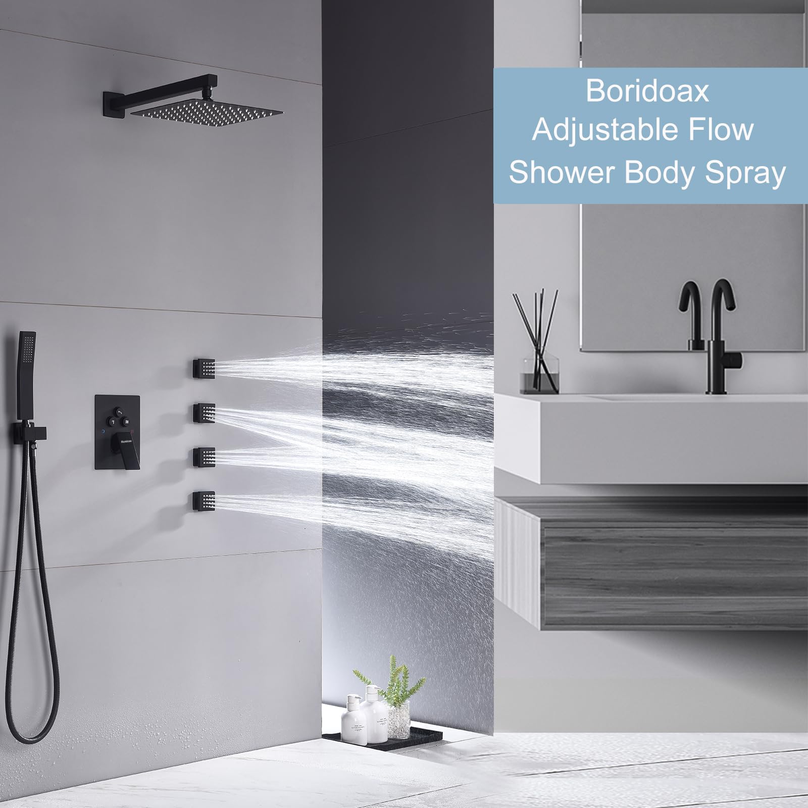 4PCS Square Shower Body Jet Spray with On/Off Flow Control - Matte Black Brass Head Wall Mounted Spa Massage Jets for Relaxing Bathroom Experience | Perfect for Home Spa, Luxury Bathrooms & Hydrotherapy