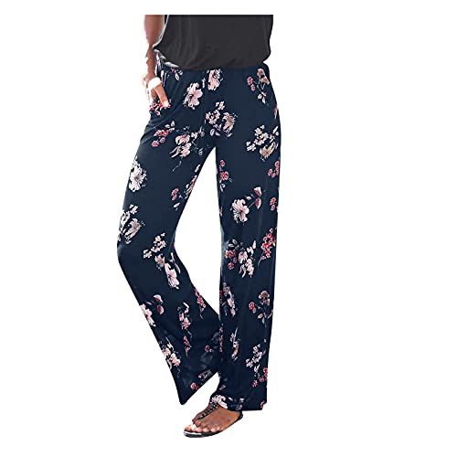 **Women's Printed High Waist Boho Beach Pants with Pockets - Casual Long Trousers for Summer, Travel & Outdoors (Navy, Size S)**