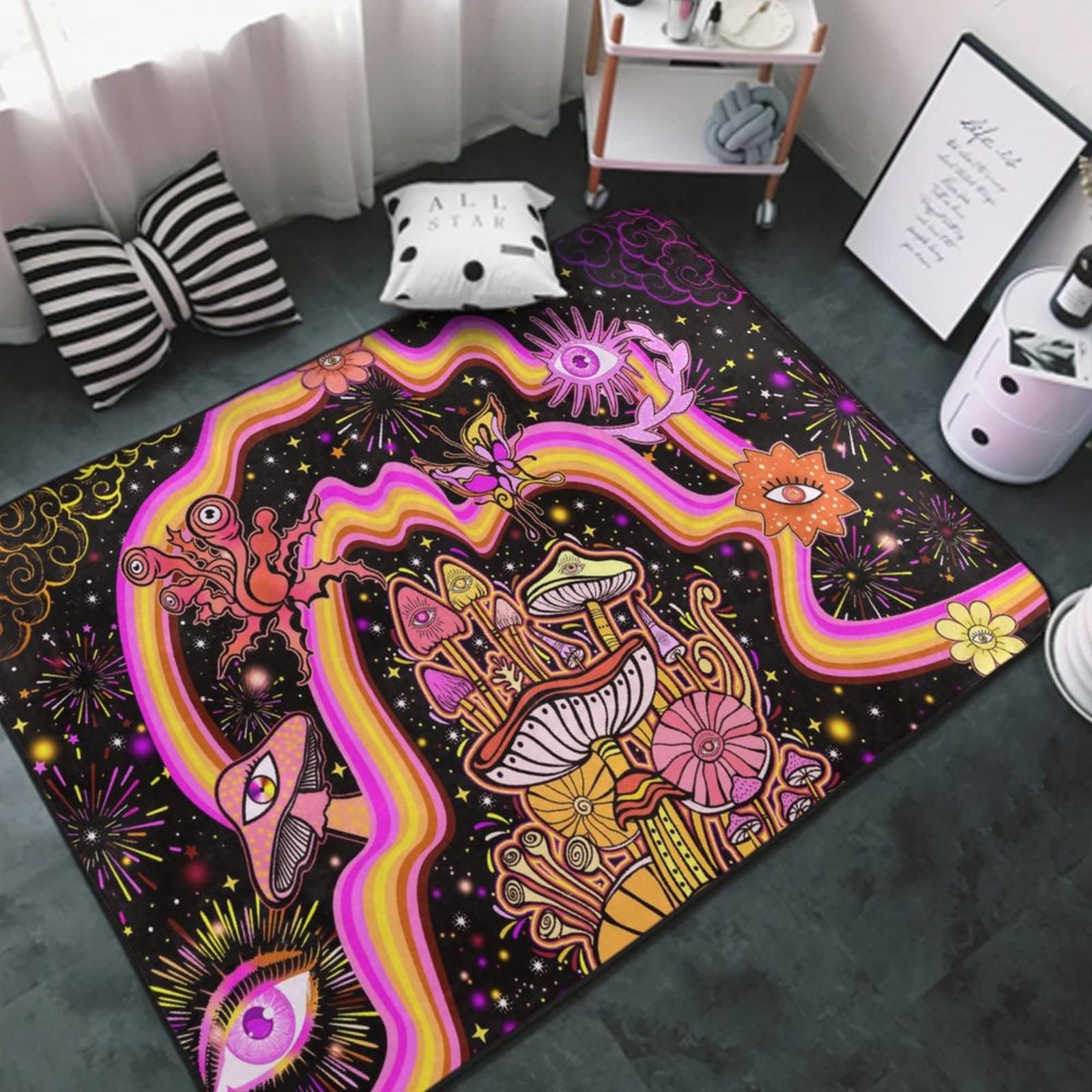 Modern Area Rug with Trippy Mushroom & Colorful Flower Design - Non-Slip Floor Mat for Living Room, Bedroom, Outdoor Use - Boho Chic Home Decor for Cozy Spaces & Psychedelic Style