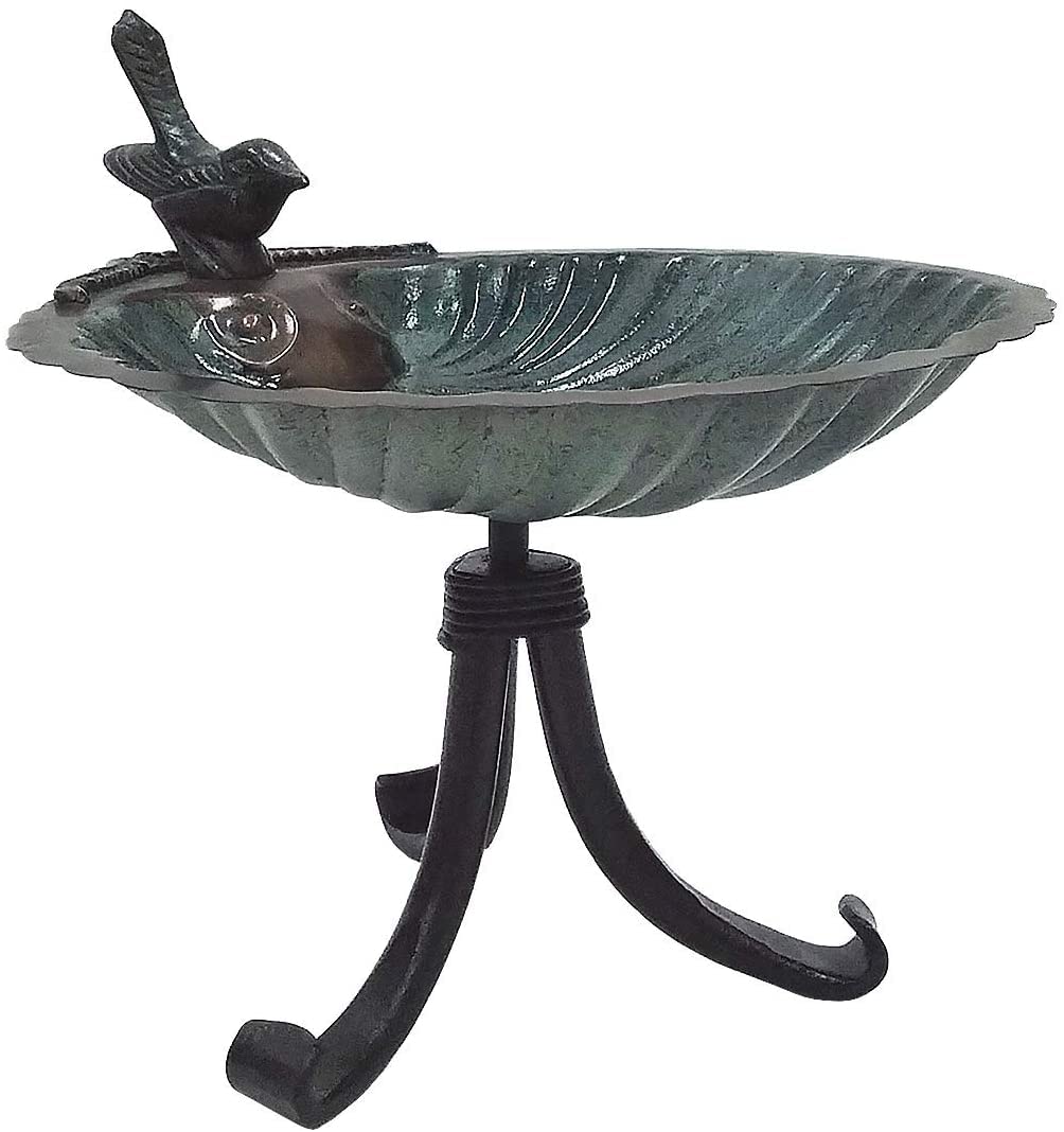 BBM-01-TR Antique Brass Plated Scallop Shell Birdbath with Tripod Stand - Outdoor Garden Decor for Birds, Patio & Backyard