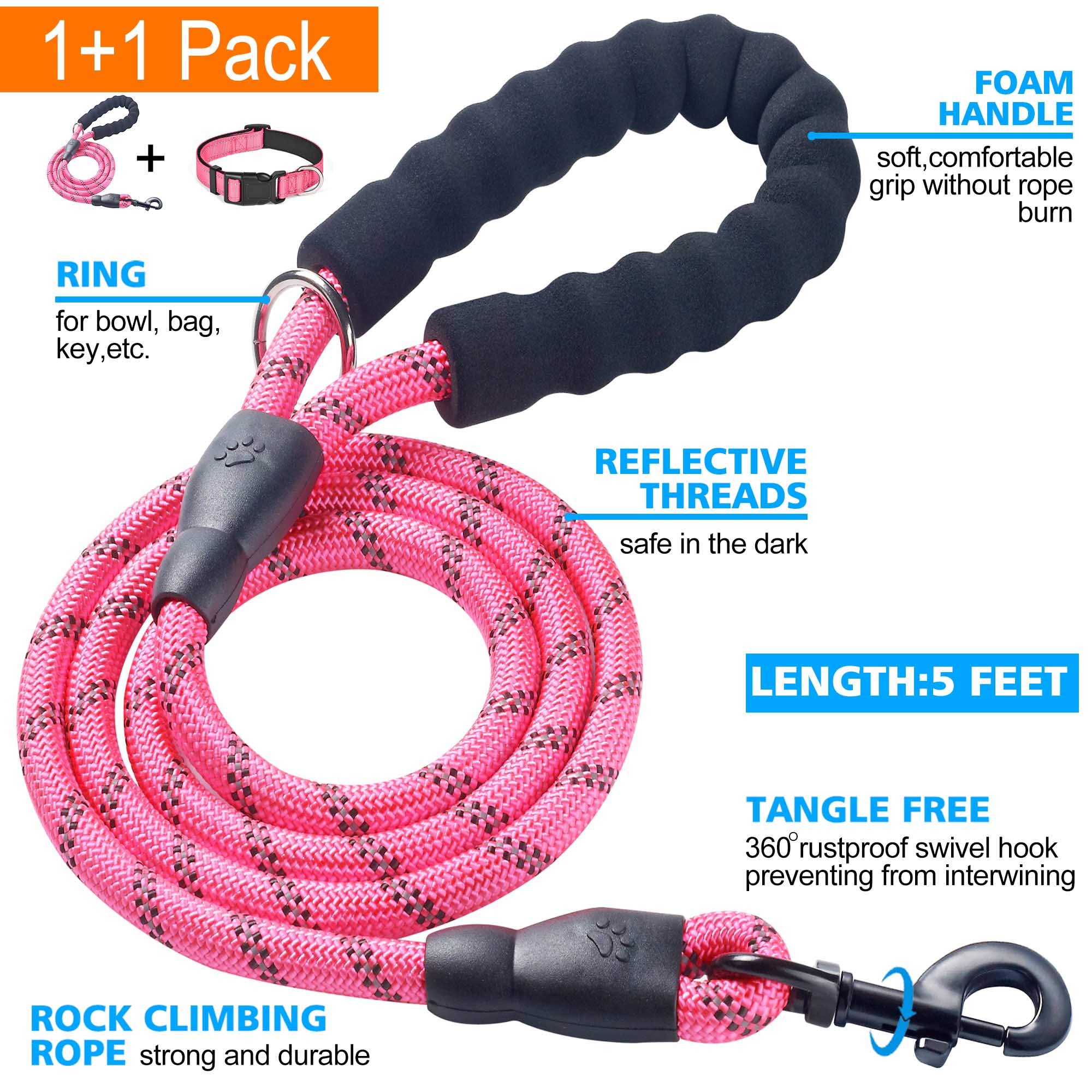 Reflective Dog Collar with Soft Neoprene Padding - Breathable Adjustable Nylon Pet Collar for Small, Medium & Large Dogs - Pink Collar & Leash Set (Small, Pack of 1) - Perfect for Night Walks, Jogging & Outdoor Adventures