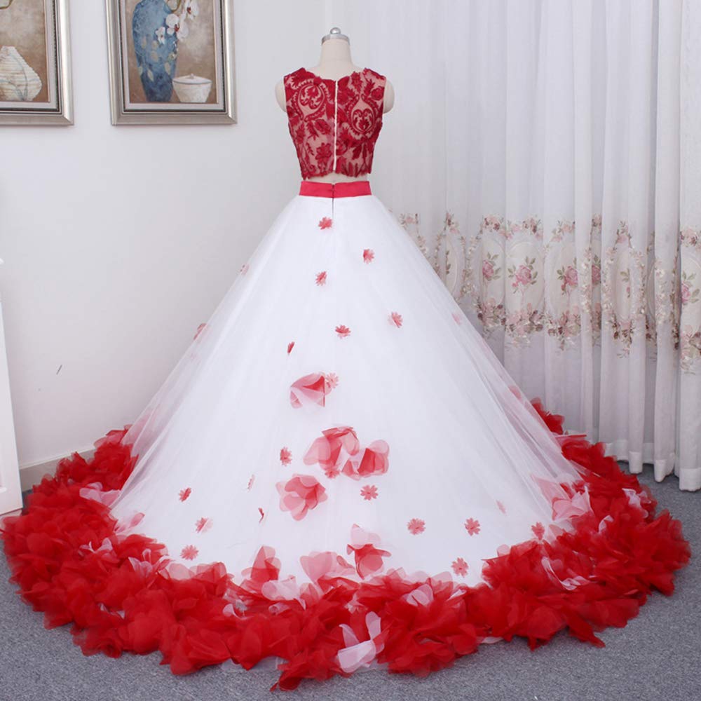 Handmade Red Sleeveless Floral Ball Gown Two-Piece Formal Prom Dress for Quinceanera - Elegant Evening Gowns for Prom, Homecoming, and Special Occasions