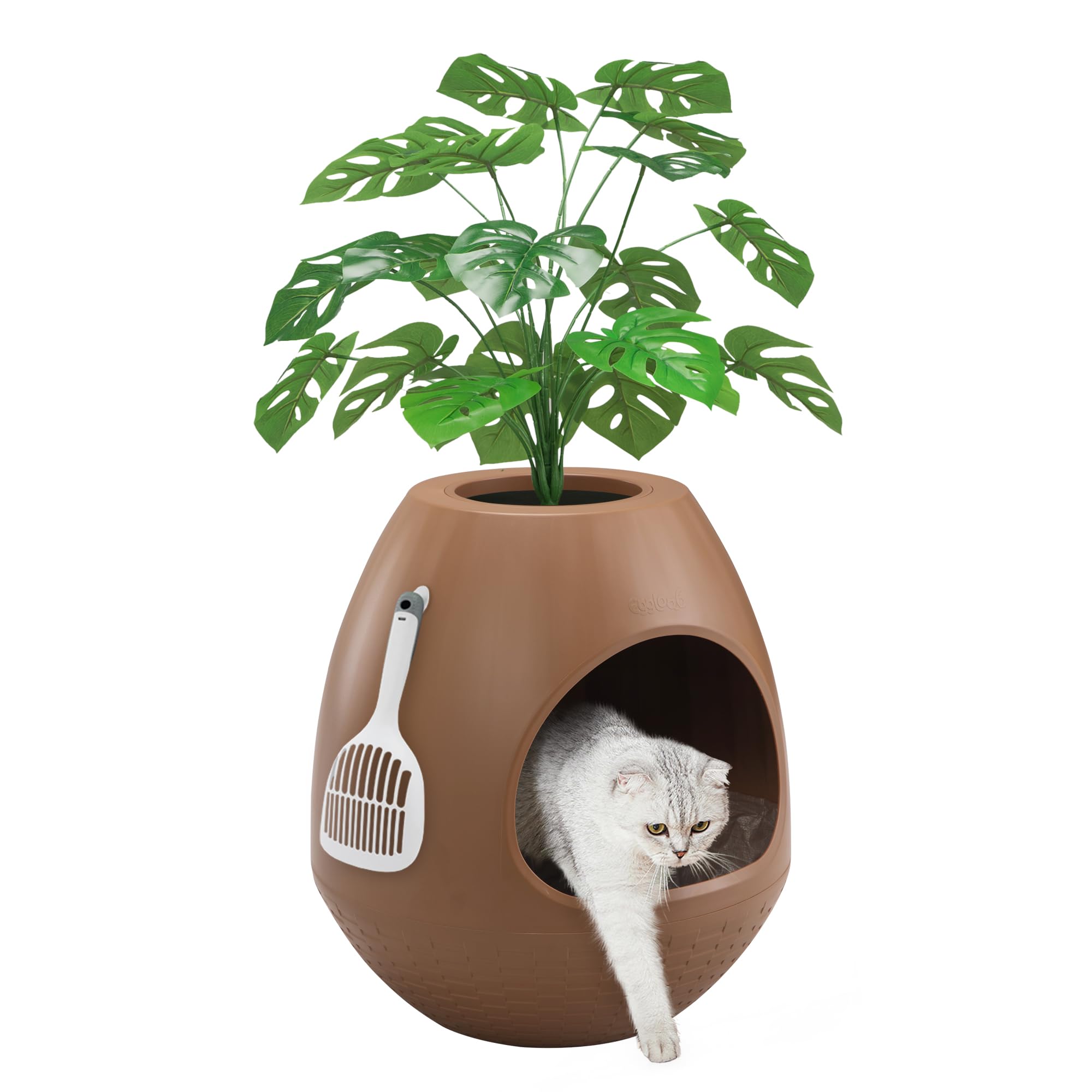 Eggloa6 Hidden Cat Litter Box with Artificial Plants - DIY Discreet Litter Box Furniture for Home Decor (Coffee Brown) - Perfect for Small Spaces & Pet-Friendly Living Rooms