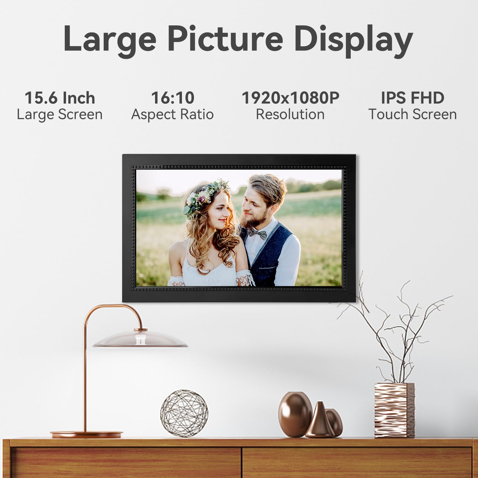 FRAMEO 15.6 Inch Large Digital Photo Frame with 32GB Storage - 1920x1080P FHD IPS Touch Screen, WiFi Smart Digital Picture Frame - Easy Setup & Free App for Photo/Video Sharing - Perfect for Home Decor, Office Display & Gift Giving