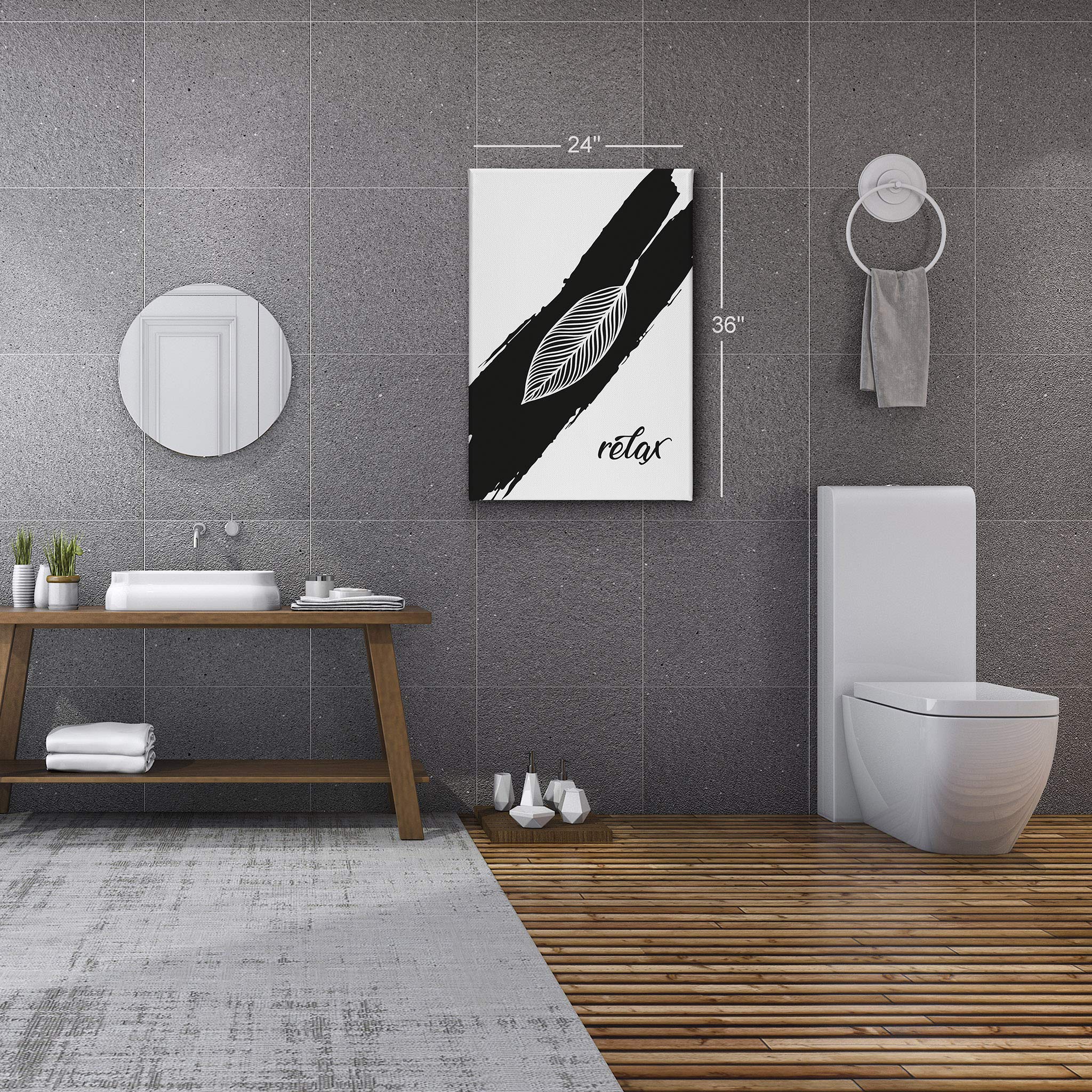 Smile Art Design Relax Typography Black and White Bathroom Decor Canvas Print - Ready to Hang Wall Art for Bathroom, Living Room & Bedroom - Home Decoration Made in USA (36x24 Inches)