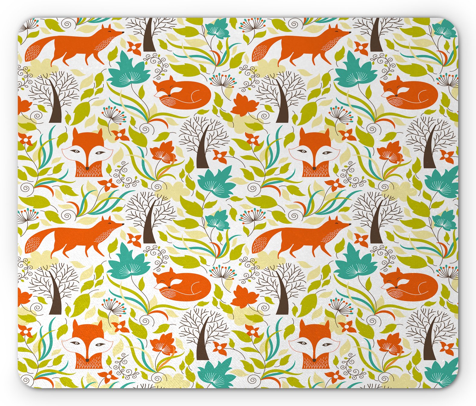 Ambesonne Cartoon Mouse Pad - Wild Fox & Wolf Design with Leaves, Flowers & Trees - Non-Slip Rubber Gaming Mousepad (Standard Size, Orange/Green/Blue) for Office, Home & Gaming Setup