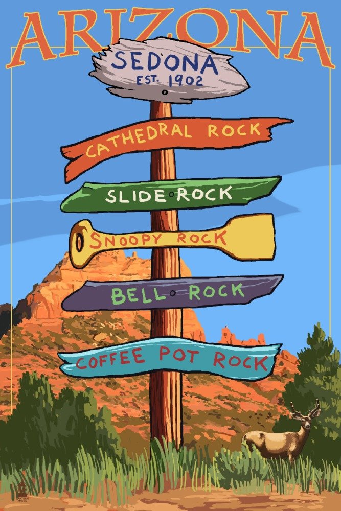 Sedona Arizona Destination Signpost Rock List 24x36 Signed Art Print - Wall Decor Poster for Home, Office & Cabin Decor