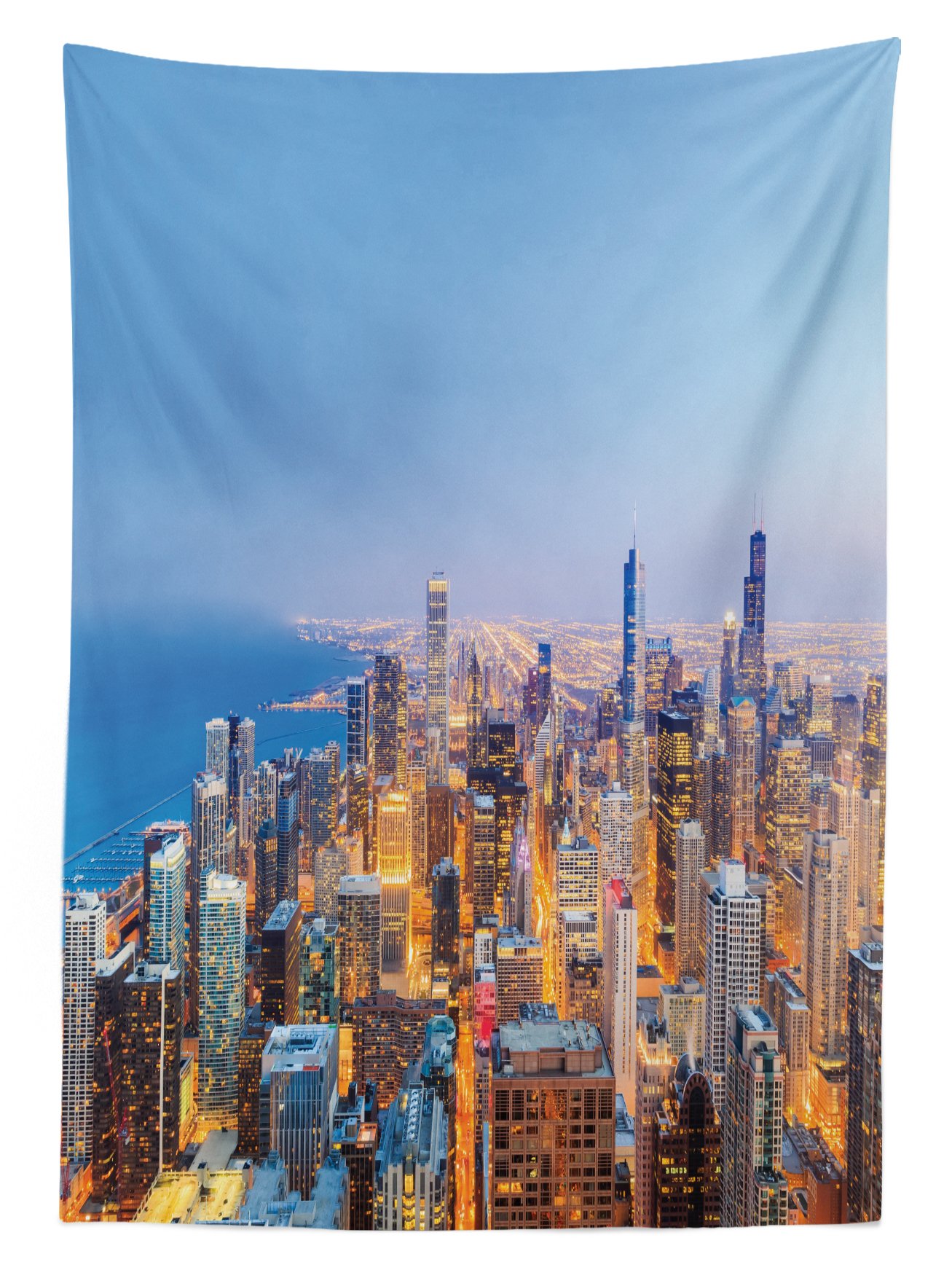 Ambesonne Chicago Skyline Outdoor Tablecloth - Vibrant Aerial View of City & Lake Michigan, Washable Picnic Table Cover 58x84 Inches, Multicolor - Perfect for BBQs, Garden Parties & Outdoor Dining