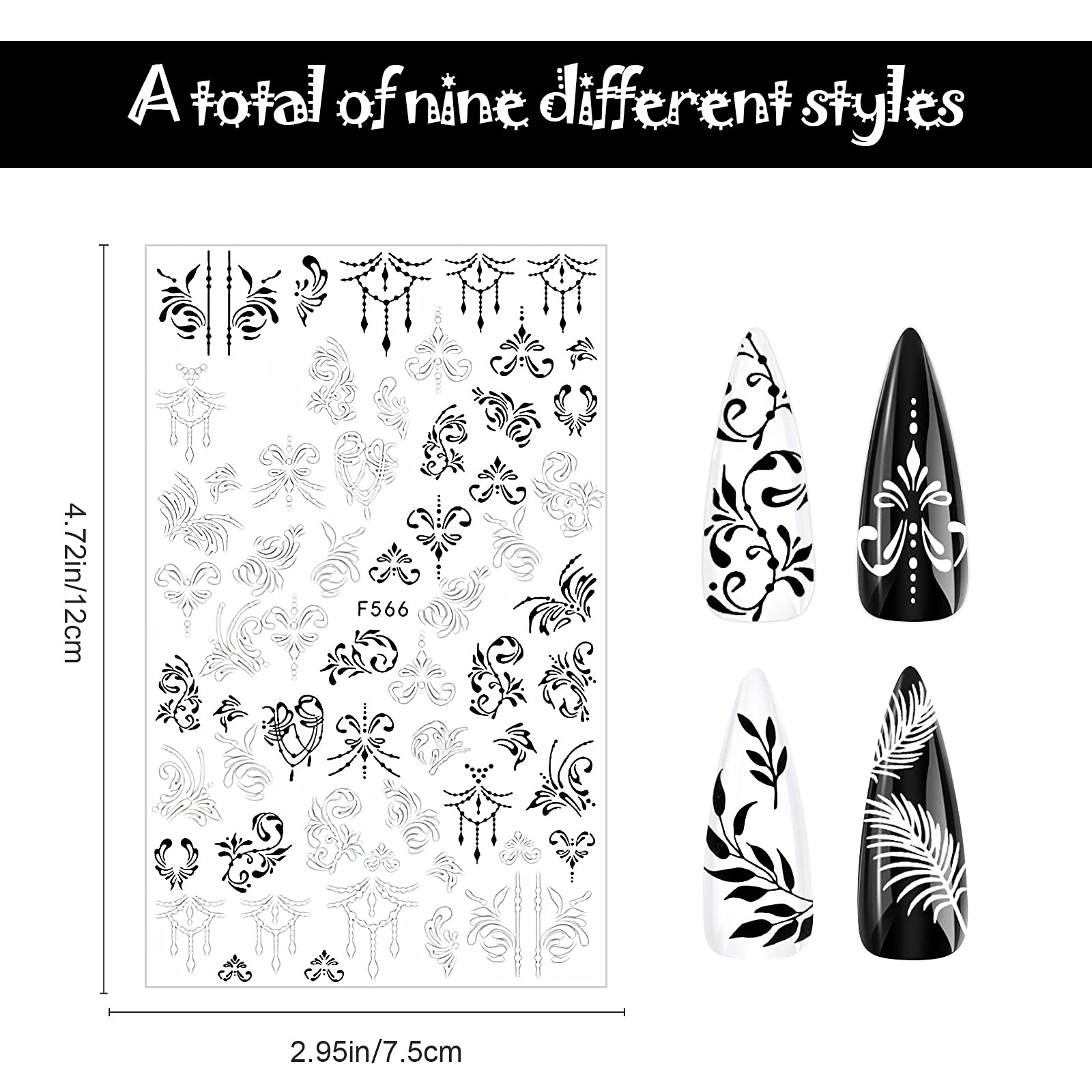 MWOOT 9 Sheets Black White Nail Stickers - 3D Self-Adhesive Nail Art Decals with Maple Leaf, Flower & Retro Pink Vine Designs for DIY Manicure, Nail Salon & Home Nail Decoration