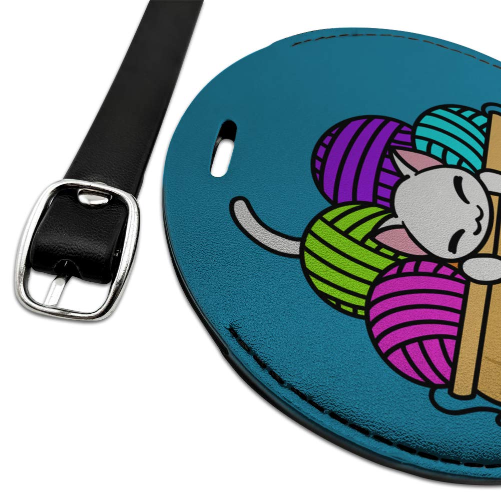 Round Leather Luggage Tag with Cat in Yarn Basket Design - Personalized Suitcase ID Tag for Carry-On Bags | Perfect for Travel Identification & Pet Lover Gifts
