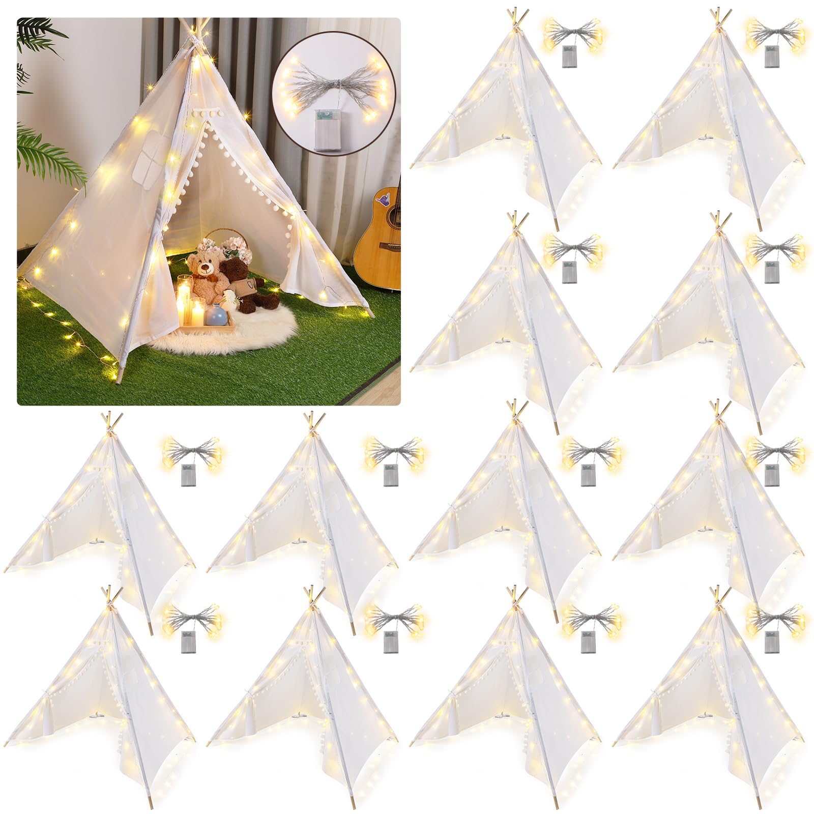 Windyun 12-Pack Kids Teepee Tent with LED Lights - Foldable & Washable Boho Play Tent for Indoor/Outdoor Use | Perfect for Girls & Boys Sleepovers, Birthday Parties, Slumber Parties & Imaginative Play