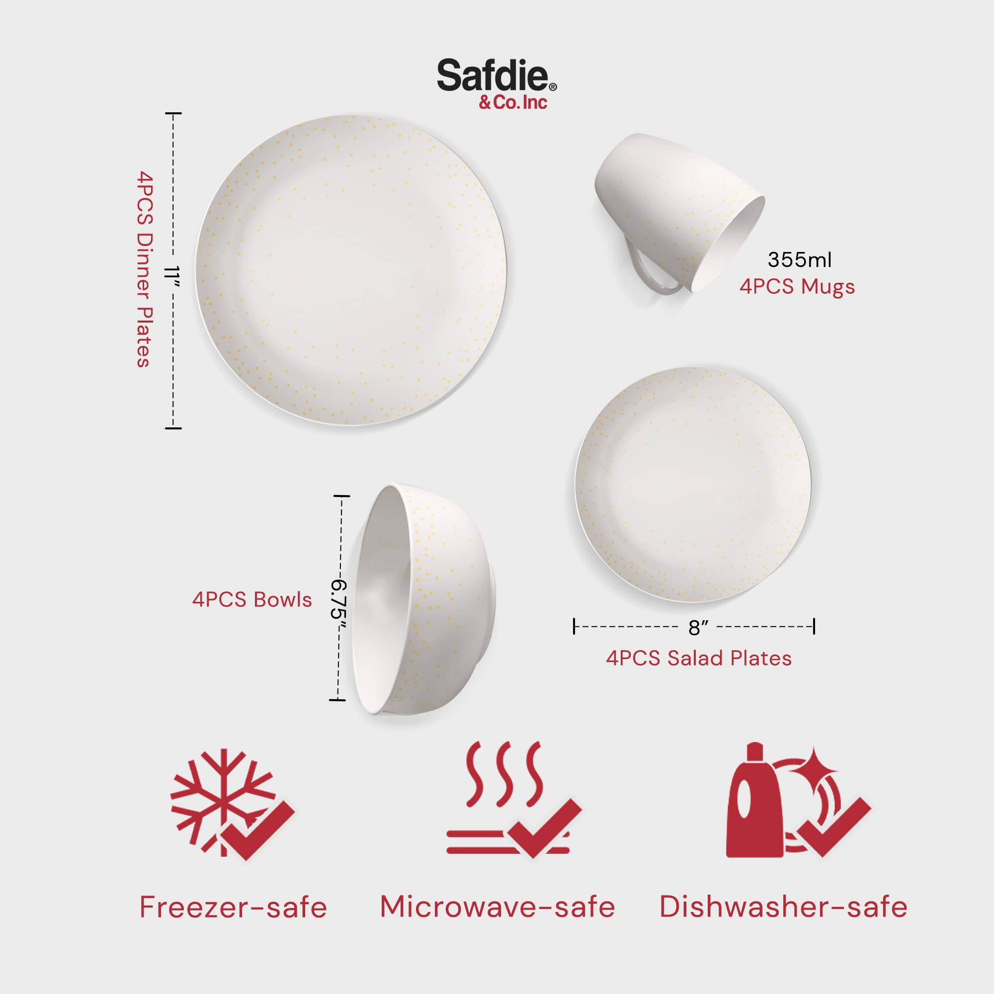 Safdie & Co. 16-Piece Diamond Confetti Dinnerware Set - Modern Plates, Bowls & Mugs for Indoor/Outdoor Use | Dishwasher Safe | Perfect for Parties, Daily Meals & Entertaining