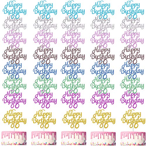 40 Pack Happy Birthday Cake Toppers - Glitter Cardstock Cake Decorations for Birthday Parties, Baby Showers & Weddings - 8 Vibrant Colors - Perfect for Cupcakes, Cakes & Dessert Displays
