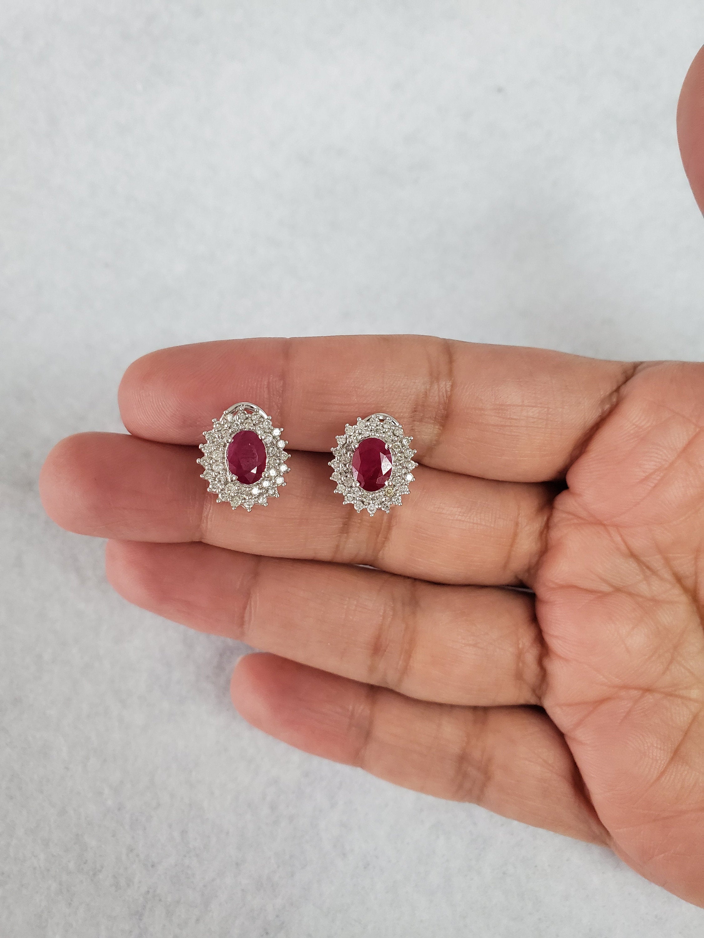 2.56cttw Diamond Halo Ruby Earrings in 14k White Gold | Elegant Bridal Jewelry & Anniversary Gift for Women