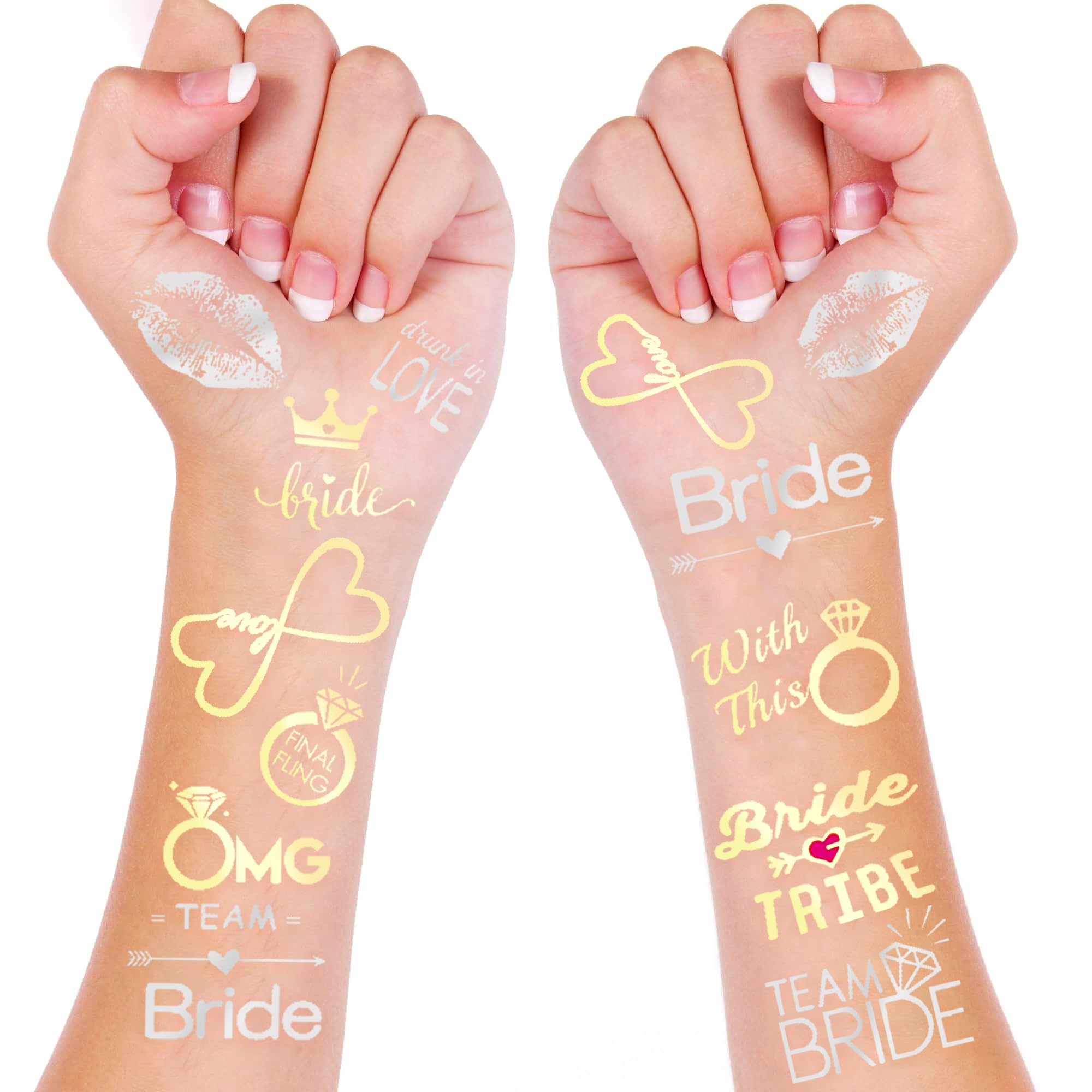 KatchOn Metallic Bride Tribe Temporary Tattoos - 34 Pack Gold & Silver Bachelorette Party Tattoos for Bridal Shower Decorations | Wedding Party Favors, Girls Night Out, Hen Party Accessories