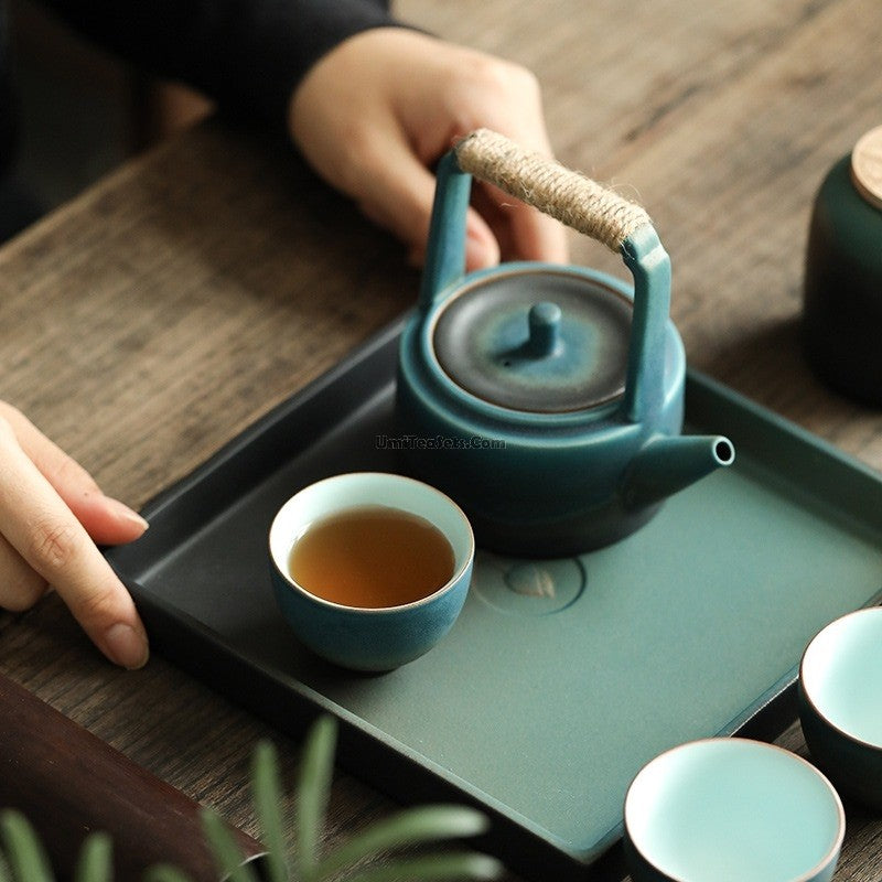 Premium Japanese Cyan Ceramic Tea Set - Traditional Handcrafted 6-Piece Set for Matcha, Green Tea & Herbal Tea | Perfect for Home, Office & Tea Ceremonies