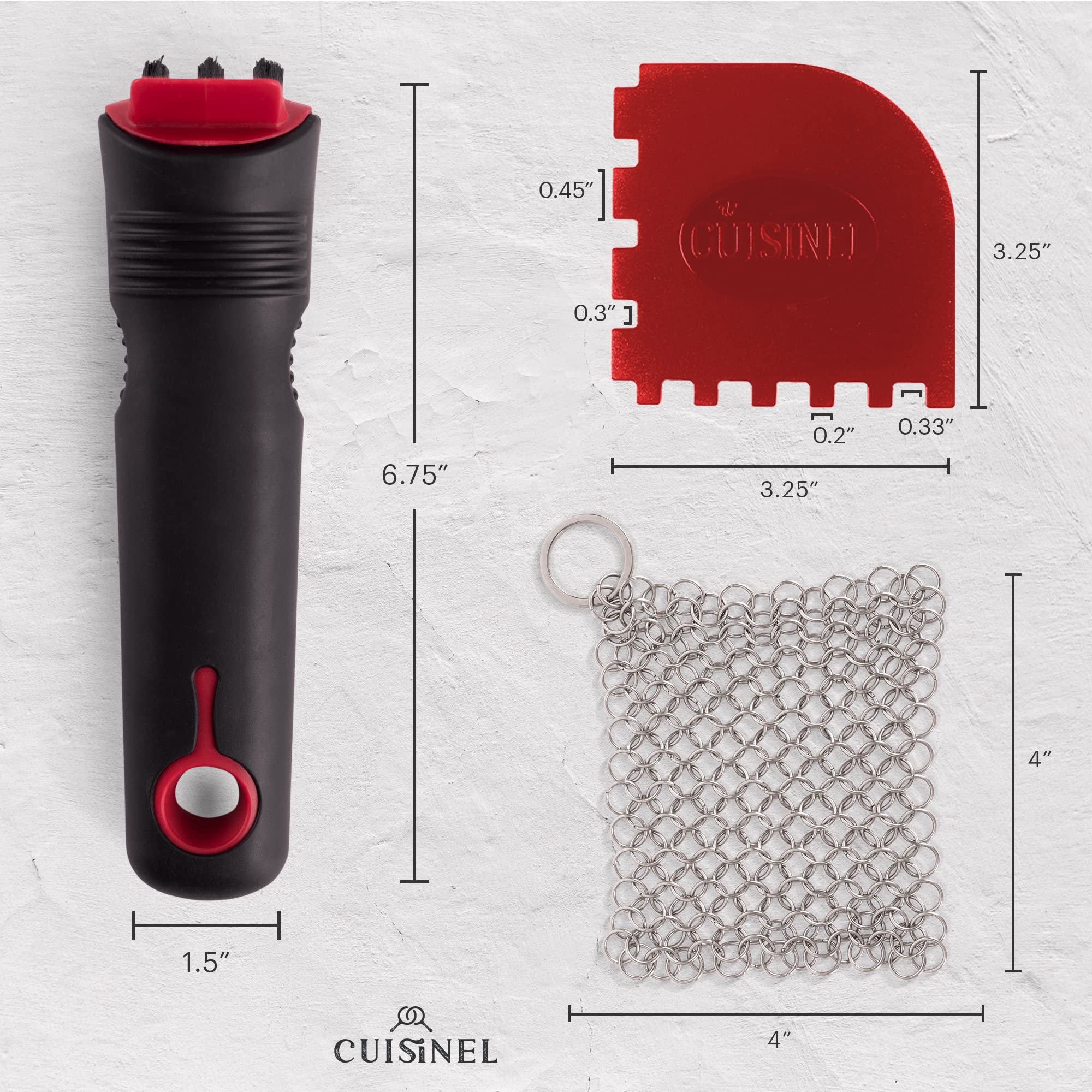 Cuisinel Cast Iron Scrubber Brush with Stainless Steel Chainmail & Pan Scraper - Heavy Duty Grill and Skillet Cleaner Kit - Non-Scratch Dish Scrub Tool for Tough Grease - Safe for Cookware - Perfect for Camping, Outdoor Cooking and Kitchen Cleaning