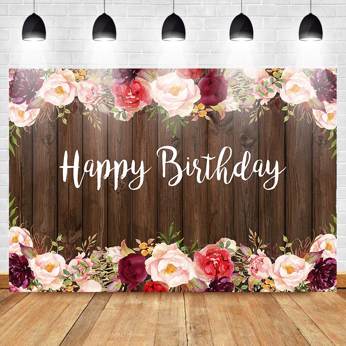 Rustic Brown Wood Floral Happy Birthday Backdrop for Women - 5x3ft Photography Background for 30th 40th 50th 60th Birthday Party Decorations - Perfect for Indoor Photo Booths, Milestone Celebrations & Social Media Posts