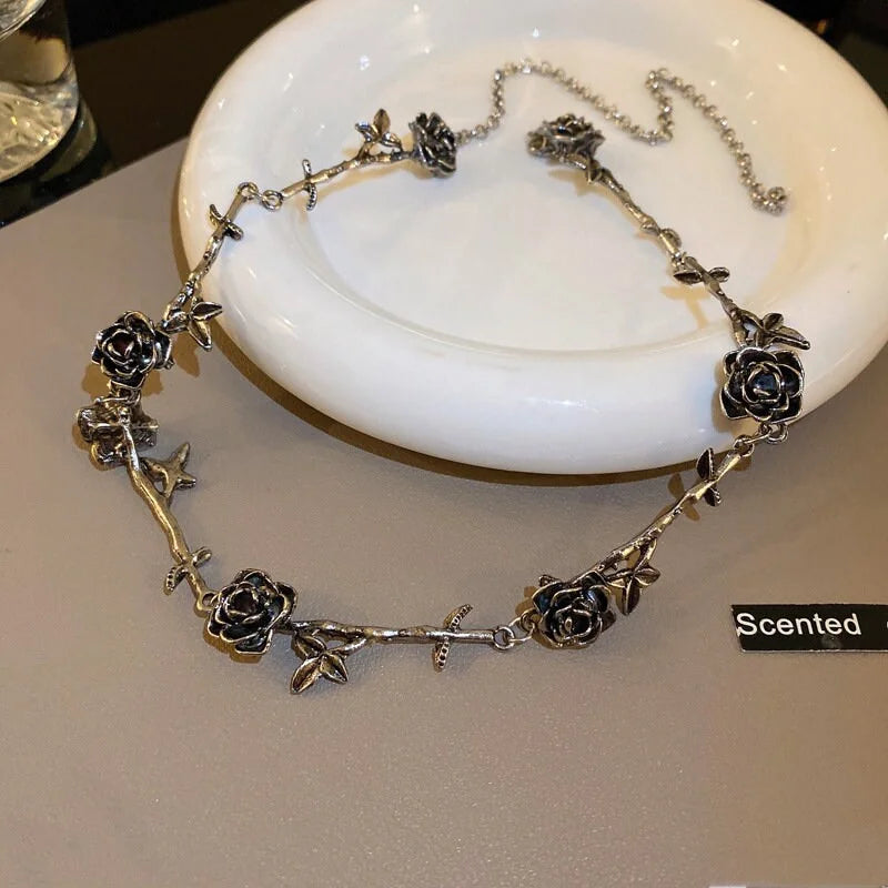 Gothic Rose Choker Necklace in Bronze & Silver | Vintage Inspired Jewelry for Women | Perfect for Halloween, Cosplay, and Dark Fashion Outfits