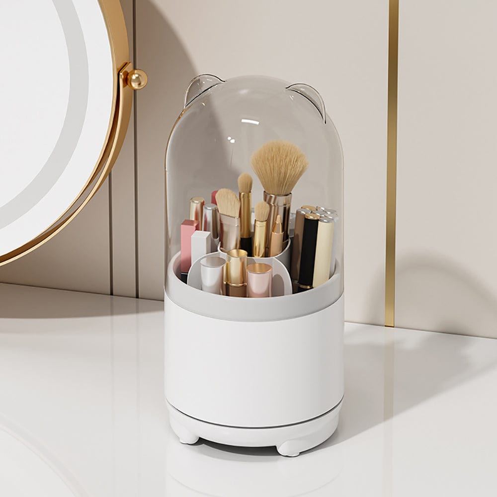 360° Rotating Transparent Makeup Brush Organizer - Dustproof Cosmetic Storage Box with Lid (Pink) | Perfect for Vanity, Bathroom & Travel Organization