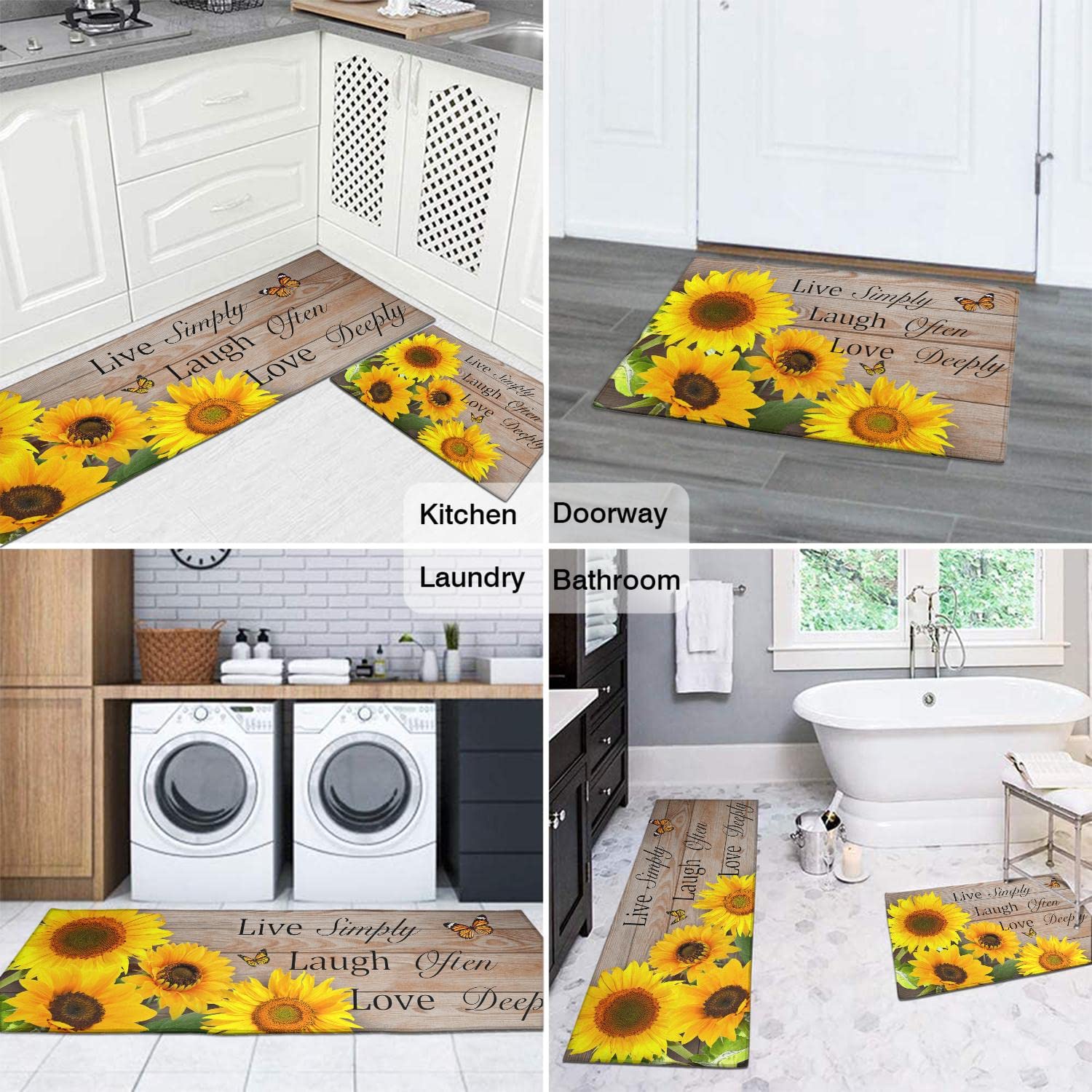 2-Pack Sunflower Kitchen Rugs - Non-Slip Washable Anti-Fatigue Mats with Wooden Background - Farmhouse Decor for Standing Comfort (17x30 + 17x47 Inches) - Perfect for Kitchens, Entryways, and Laundry Rooms