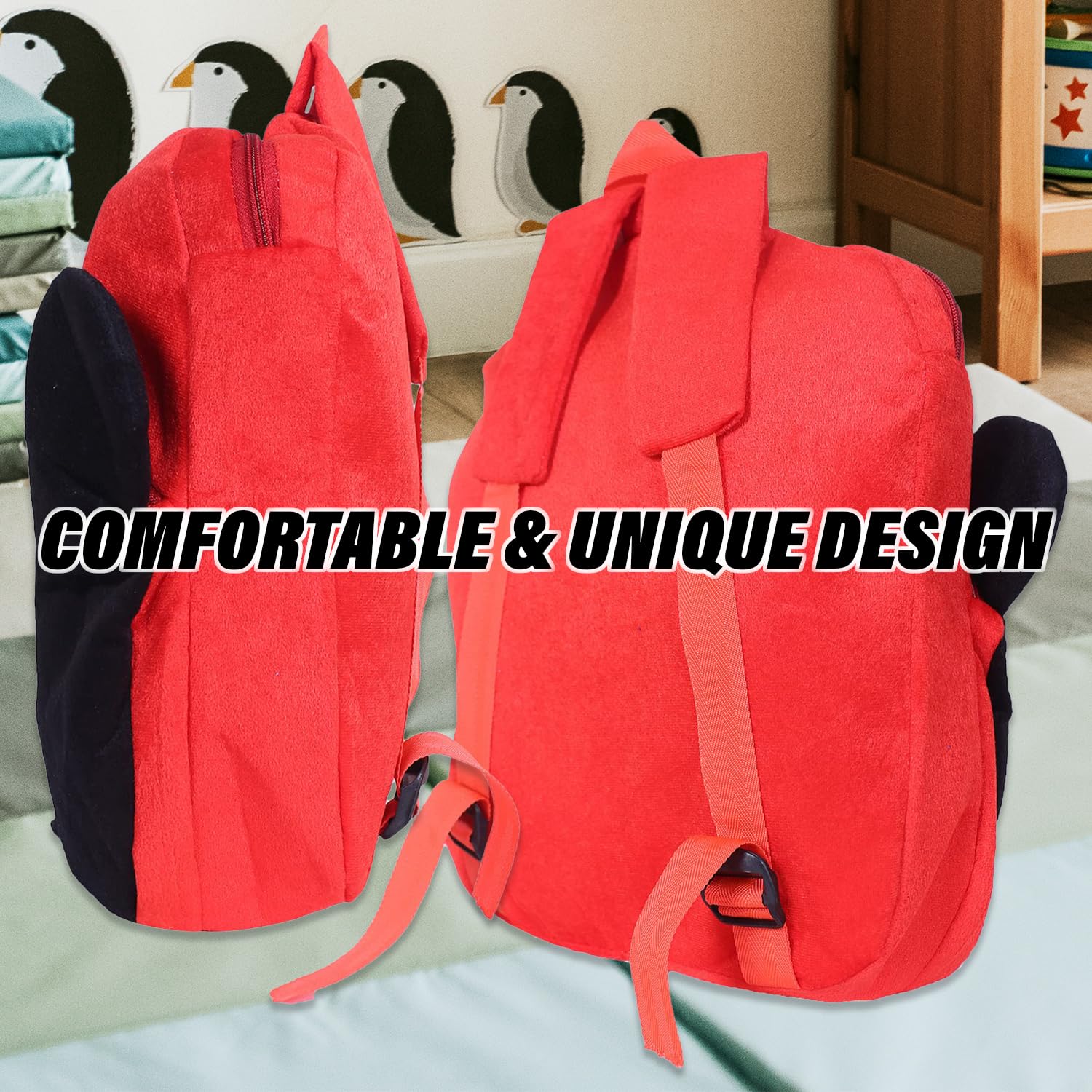 Kuber Industries Disney Mickey Mouse Backpack for Kids - 2 Compartment Velvet School Bag with Adjustable Straps, Red & Black - Perfect for School, Travel, and Daily Use