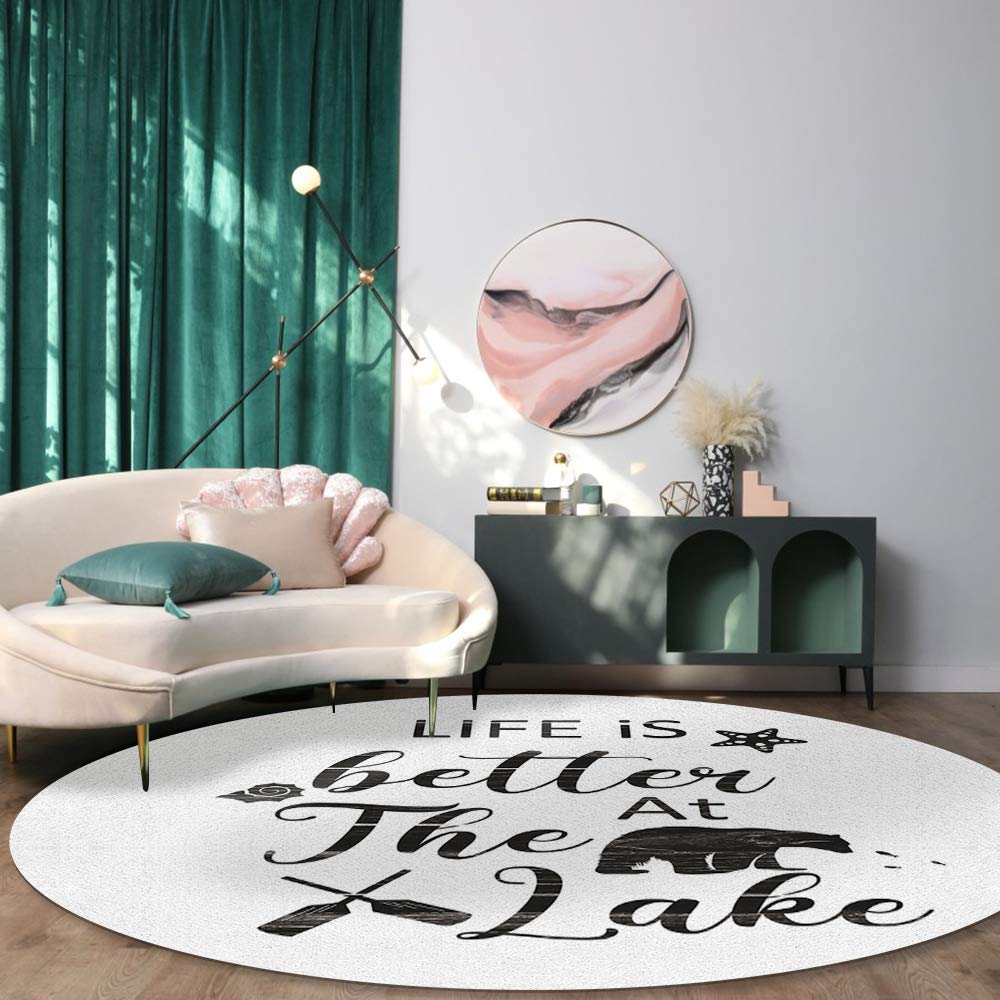 Lake Themed Area Rug - Polar Bear, Oar, Starfish & Shells Design - Washable Indoor/Outdoor Carpet for Boys Bedroom & Living Room - 3.3FT Round Floor Mat - Perfect for Coastal Decor, Kids Room & Beach House Style