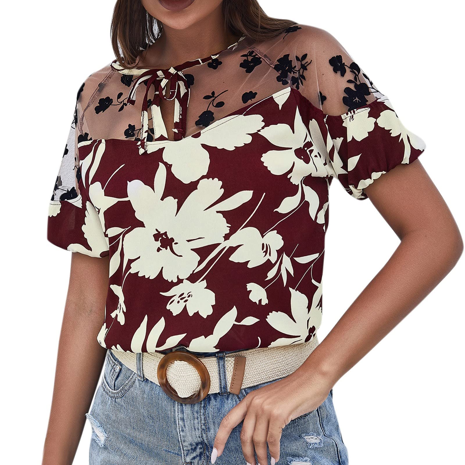 Black & White Women's Round Neck Short Sleeve Raglan T-Shirt with Lace Floral Design - Casual & Dressy Tops for Everyday Wear, Date Nights, and Office Outfits