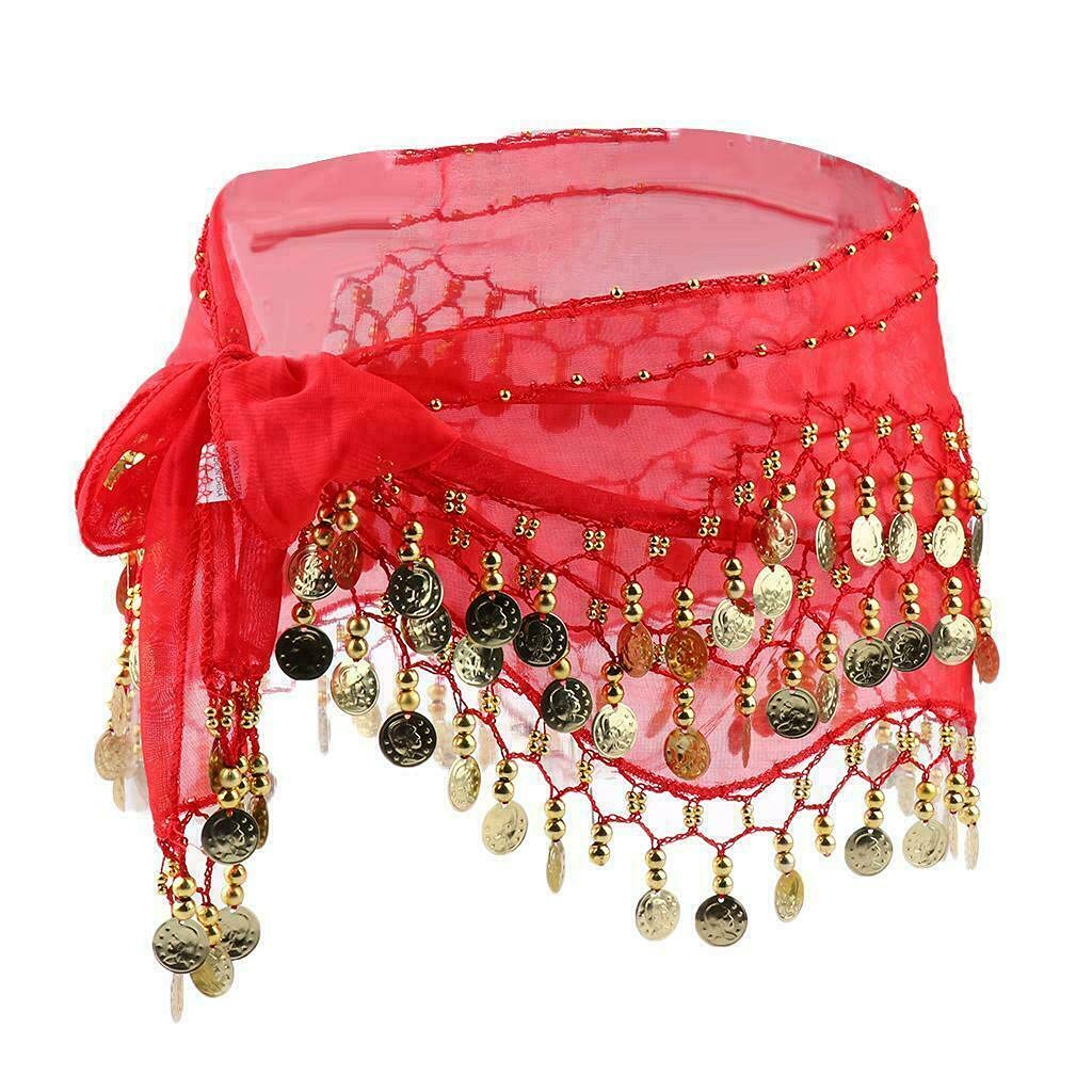 UHEREBUY Chiffon Belly Dance Hip Scarf with Dangling Gold Coins - Perfect for Middle Eastern Dance, Costume Parties & Performance Accessories