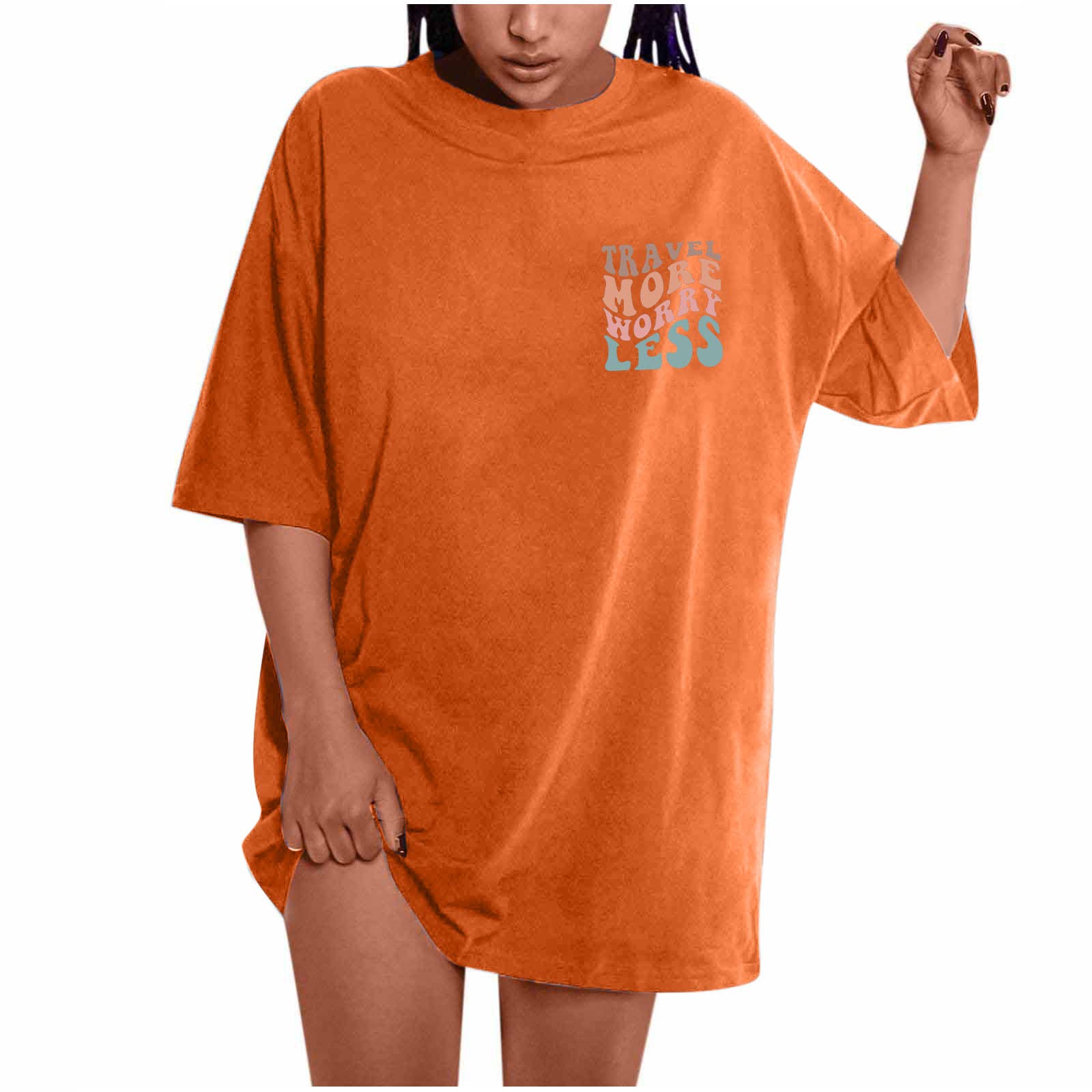 Oversized Graphic T-Shirt for Women - Plus Size Drop Shoulder Short Sleeve Loose Fit Summer Top - Travel More Worry Less Slogan Tee - Perfect for Vacations, Beach Outings & Casual Everyday Wear