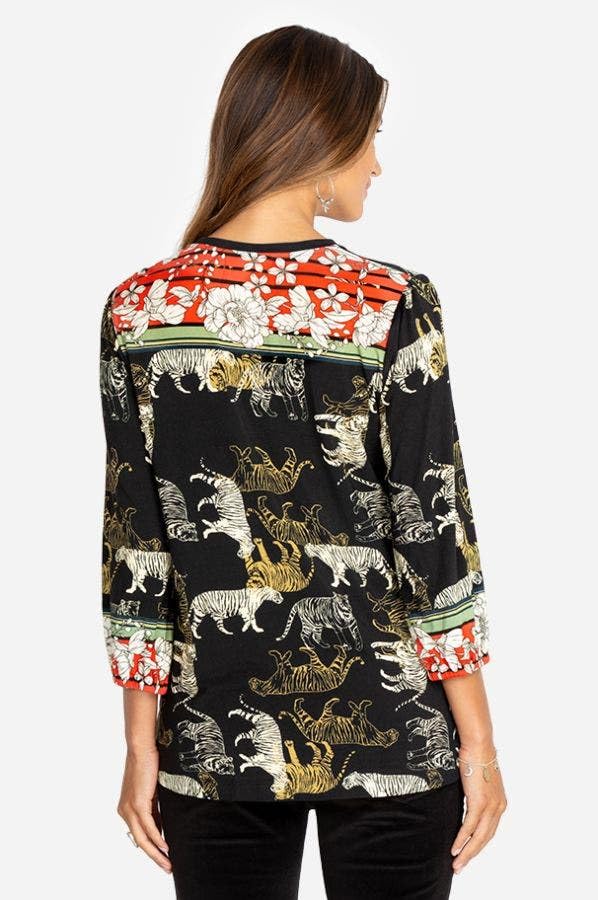 Johnny Was Women's Zebra Print Knit Puff Sleeve Long Sleeve Top - Black Animal Print Boho Chic Blouse for Casual Wear, Date Night & Holiday Outfits