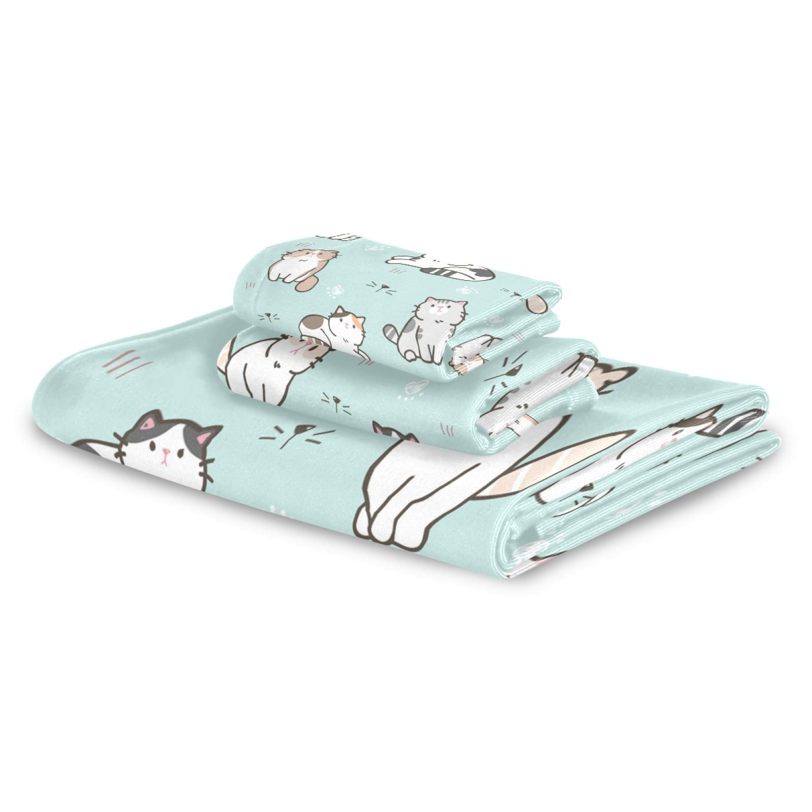 Qilmy Cute Cat Bath Towels Set - Ultra Absorbent & Soft 3-Piece Towels for Home, Spa, and Hotel Decor - Perfect for Bathroom, Beach, and Gift Giving