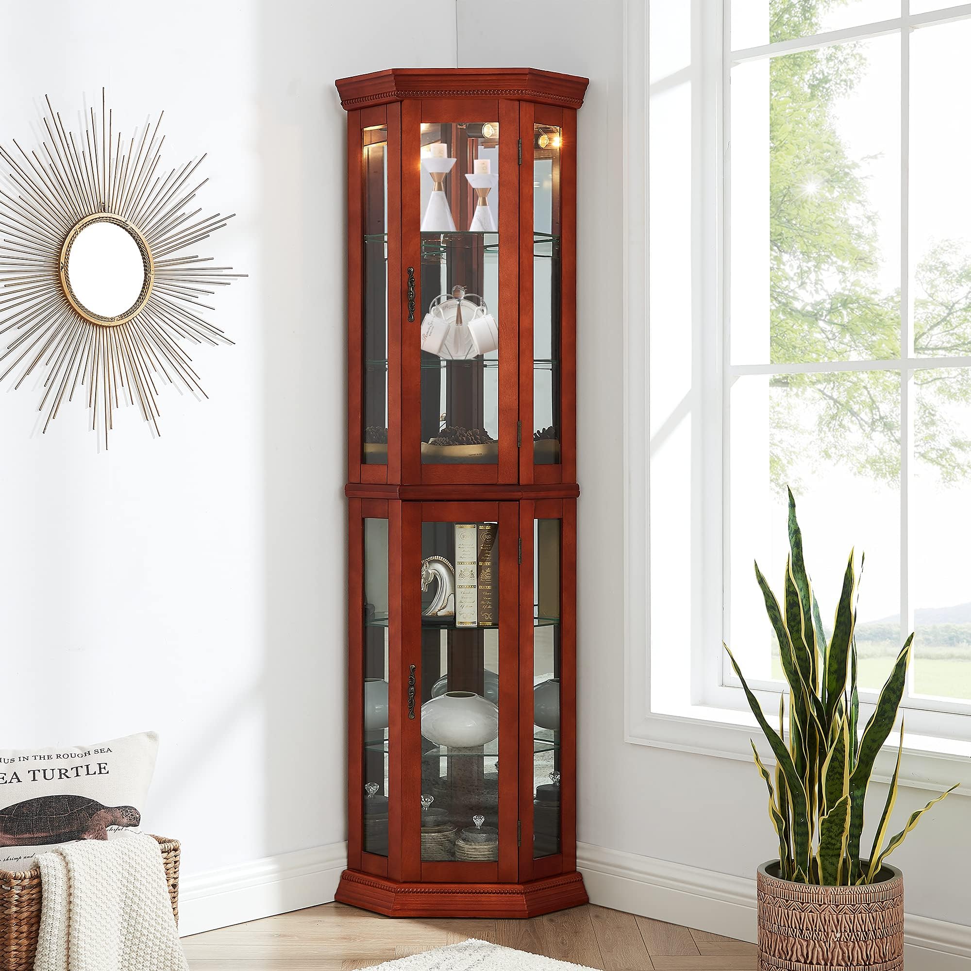 HomVent Corner Curio Cabinet with LED Lights - Glass Display Case with Adjustable Shelves, Mirrored Back & Tempered Glass Doors - Walnut Finish Corner Cabinet for Living Room, Dining Room or Office Decor
