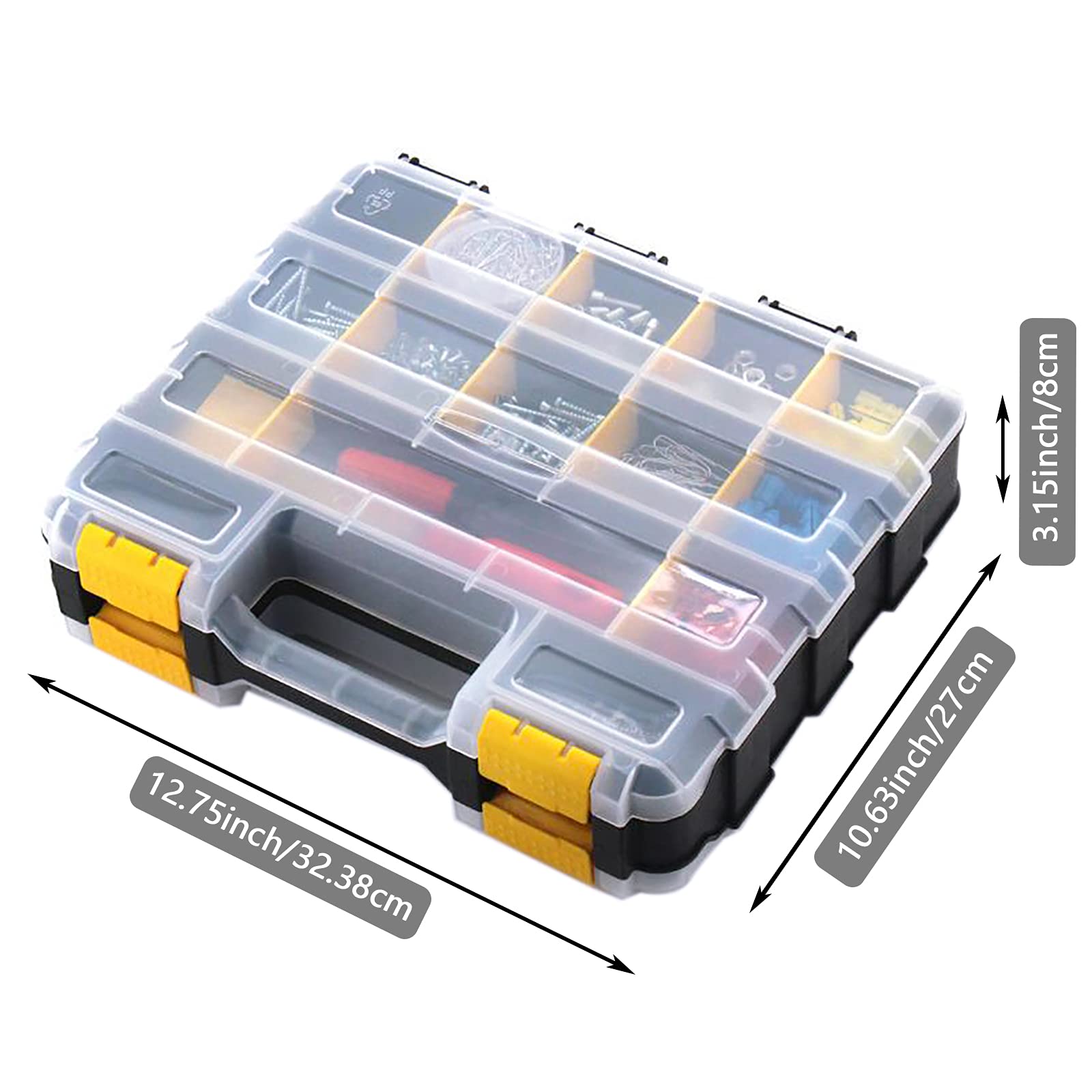34 Compartment Small Parts Organizer Box - Durable Plastic Hardware Storage with Removable Dividers for Nuts, Bolts, Screws & Nails - Double-Sided Tool Box for DIY, Workshop & Home Organization (Yellow)
