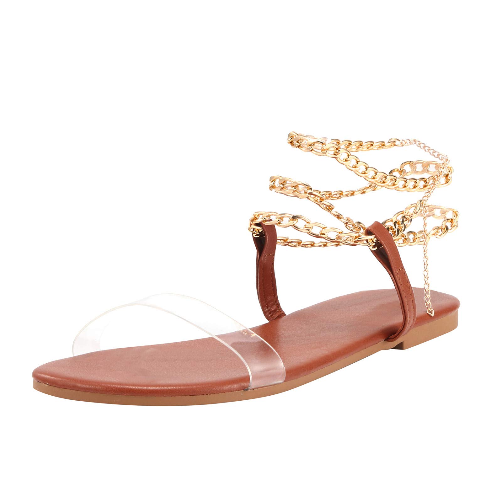 Women's Dressy Flat Sandals with Clear Strap & Chain Detail - Comfortable Summer Strappy Sandals for Casual Outings, Beach, and Evening Wear - Size 10