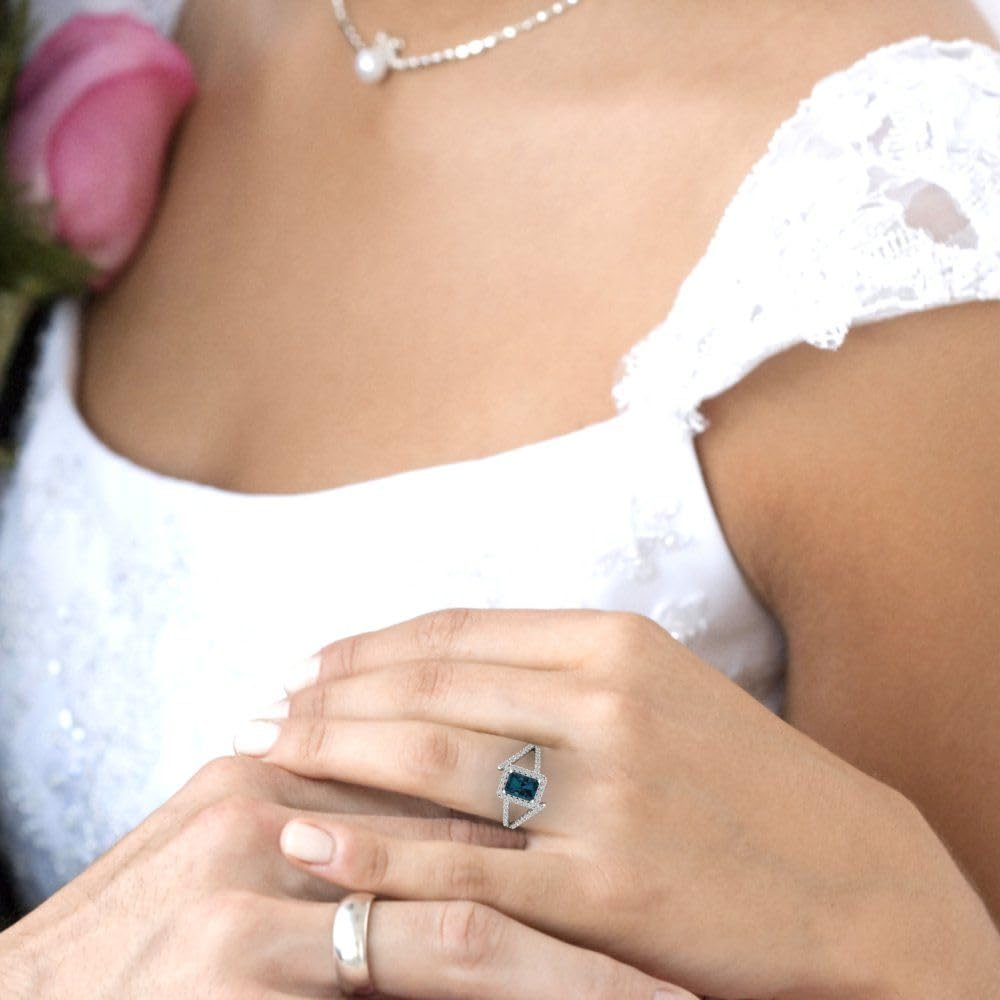 2.10 Carat Emerald Cut Solitaire Halo Criss Cross Natural London Blue Topaz Engagement Ring for Women - 14K White Gold Wedding Band, Anniversary Gift, Bridal Jewelry for Her (Perfect for Proposals, Valentine's Day & Special Occasions)