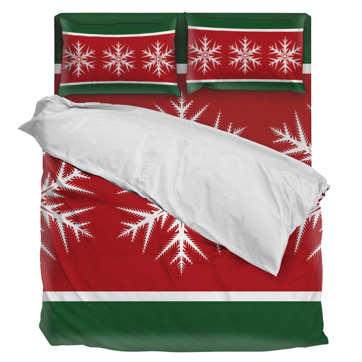 4-Piece Full Size Christmas Duvet Cover Set - Red & Green Snowflake Striped Luxury Soft Bedding (1 Duvet Cover + 1 Sheet + 2 Pillowcases) - Perfect for Winter Bedroom Decor & Holiday Home Styling