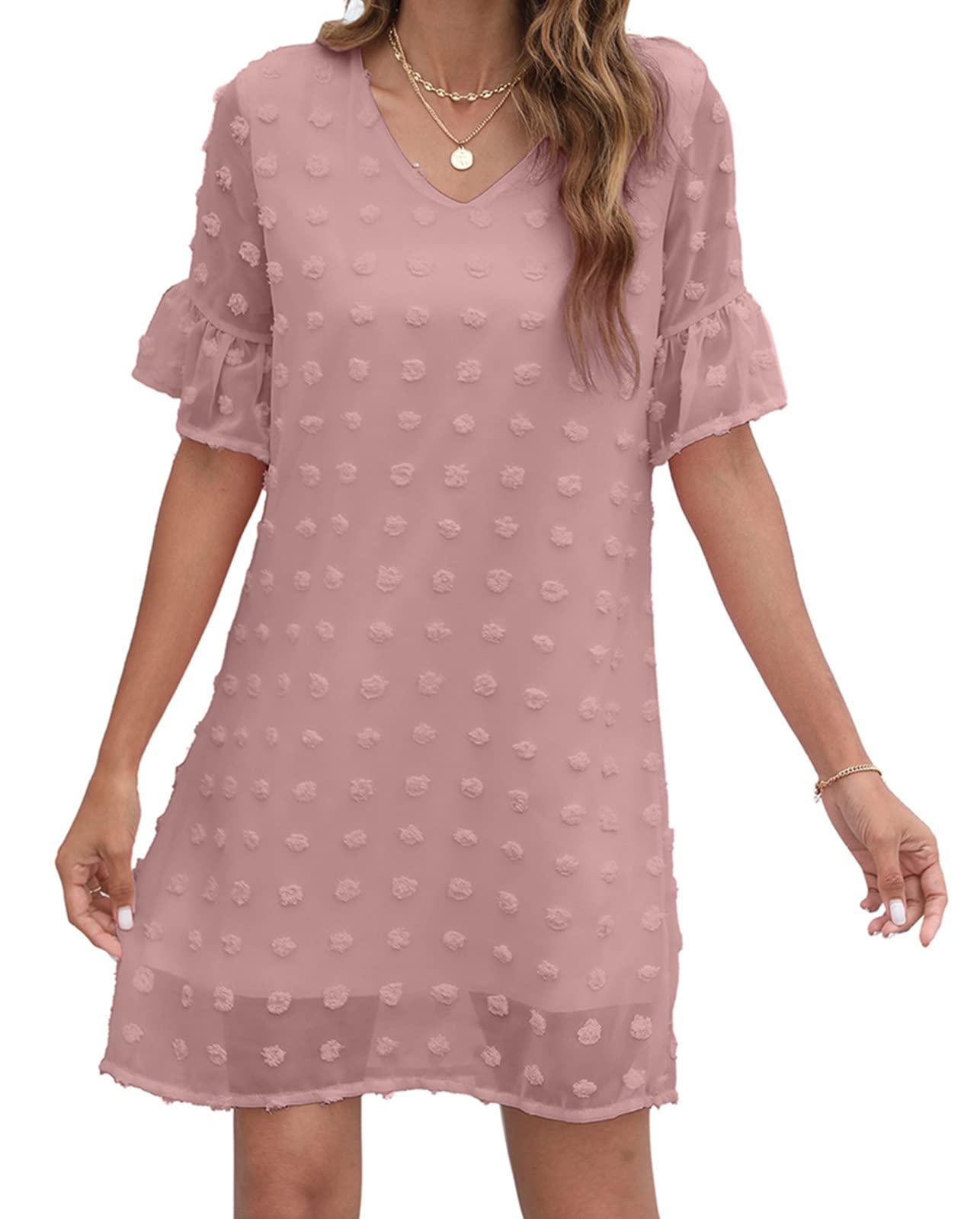 Women's White Chiffon Flowy Mini Dress - Sweet Cute V-Neck Ruffle Short Sleeve Sun Dress for Summer, Beach, Party & Casual Wear