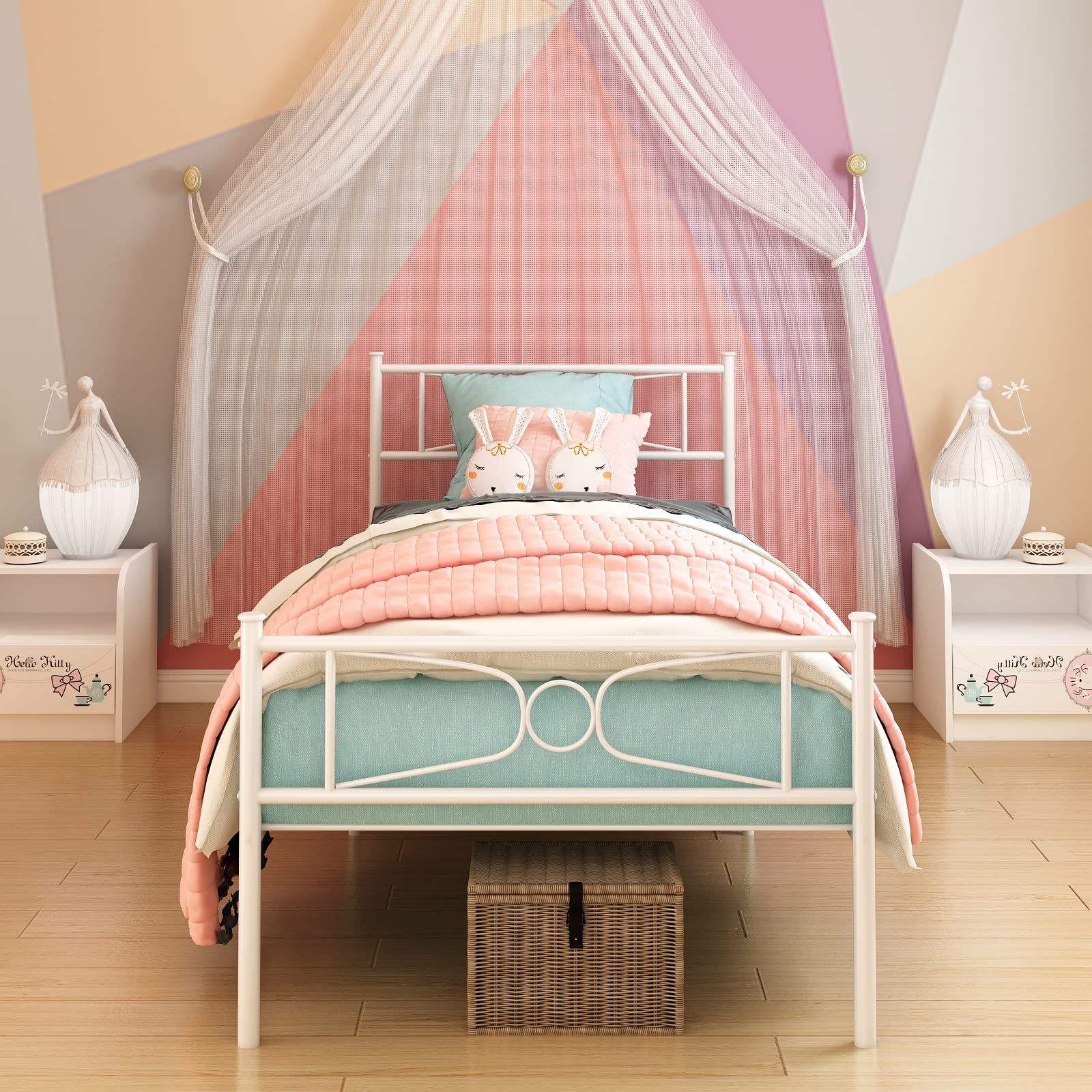 White Twin Bed Frame with Storage for Girls & Boys - Sturdy Metal Platform Bed with Headboard & Footboard, No Box Spring Needed - Perfect for Teenagers, Students & Small Bedrooms