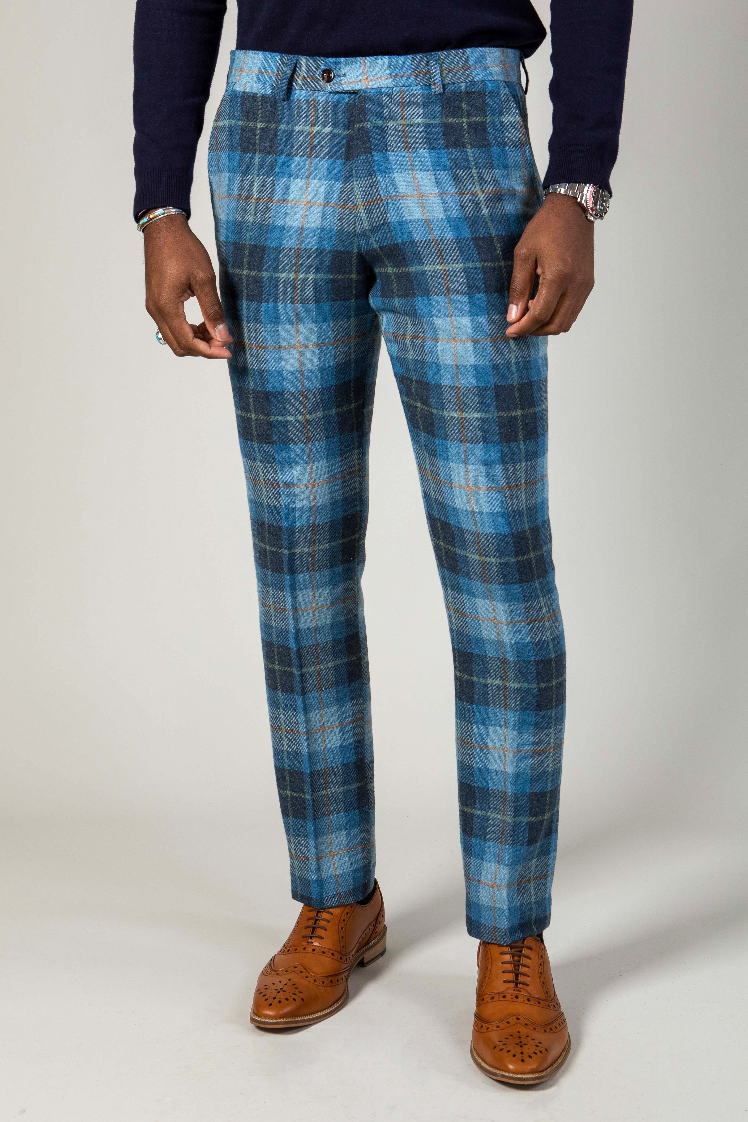 Stylish MORRIS Blue Tweed Check Trousers for Men - Classic Vintage Wool Pants for Office, Business & Casual Wear