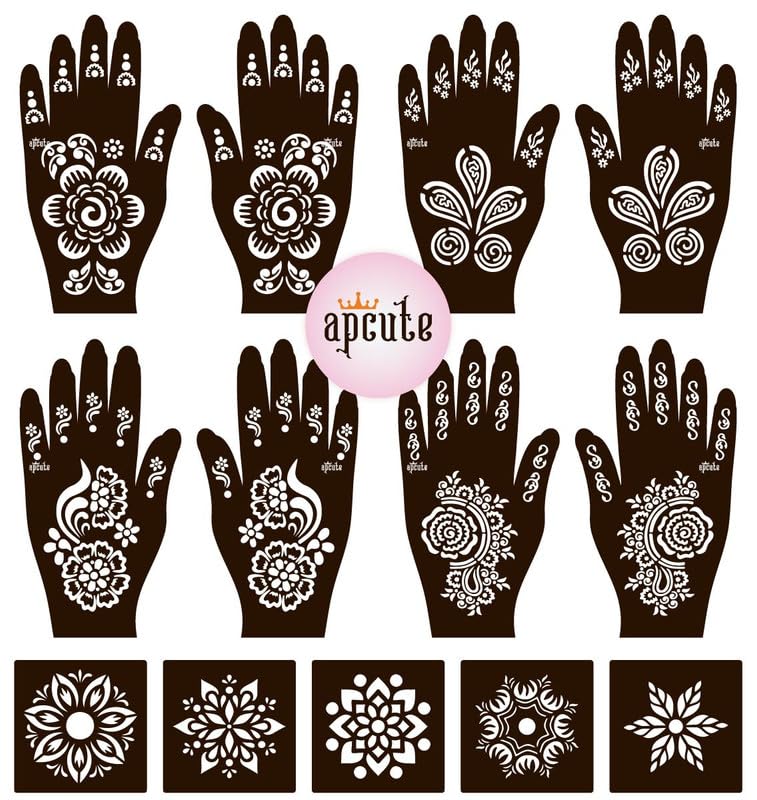 APCUTE 13-Piece Mehndi Stencil Kit | Temporary Henna Tattoo Templates for Full Hand Designs - Easy 4-Step Application for Women & Girls | Perfect for Weddings, Festivals & Cultural Celebrations
